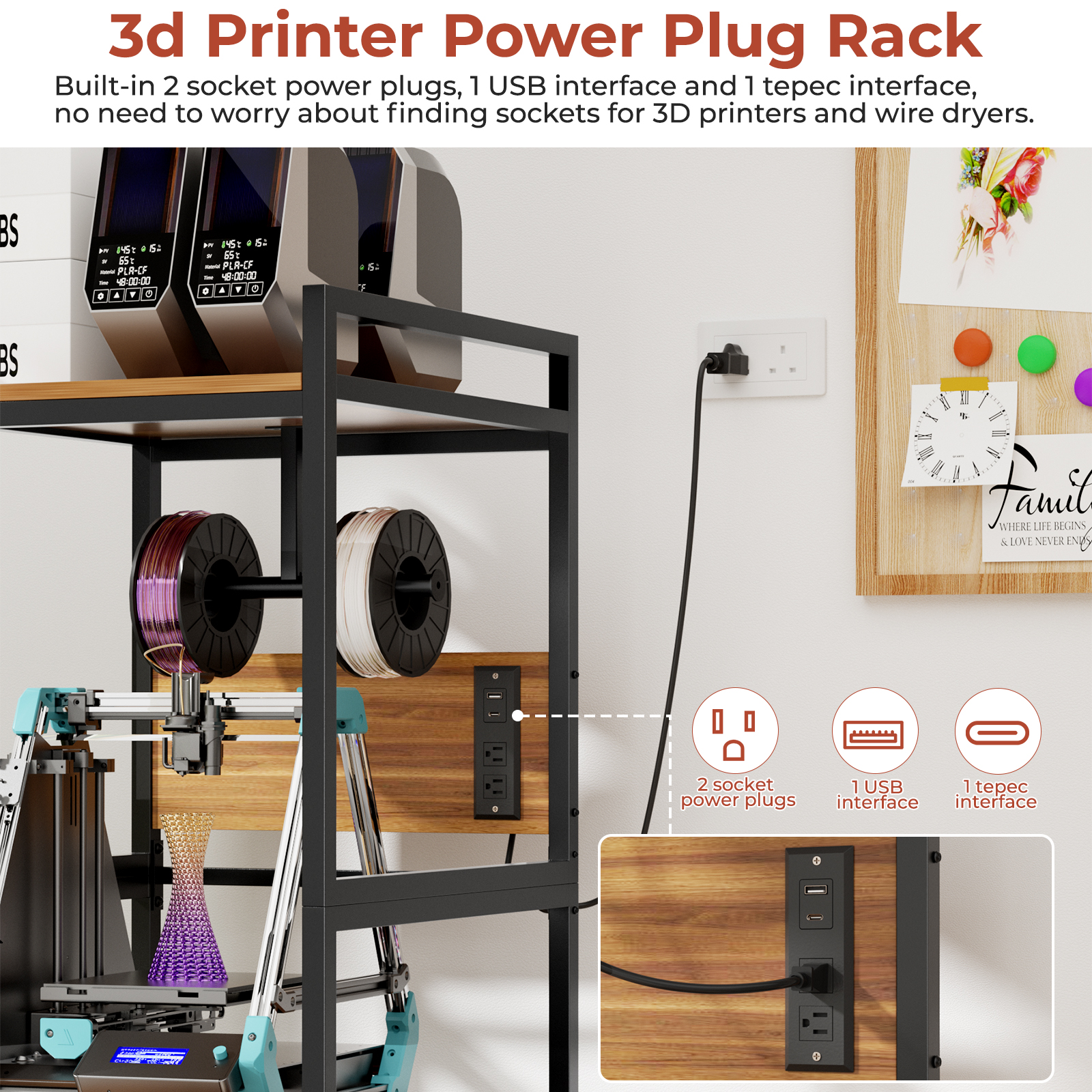 3D Printer Stand With Filament Storage, Heavy-Duty Metal Frame, T-Type Filament Holder, Built-in Power Panel, Open Frame Printer Workstation For Home & Workshop