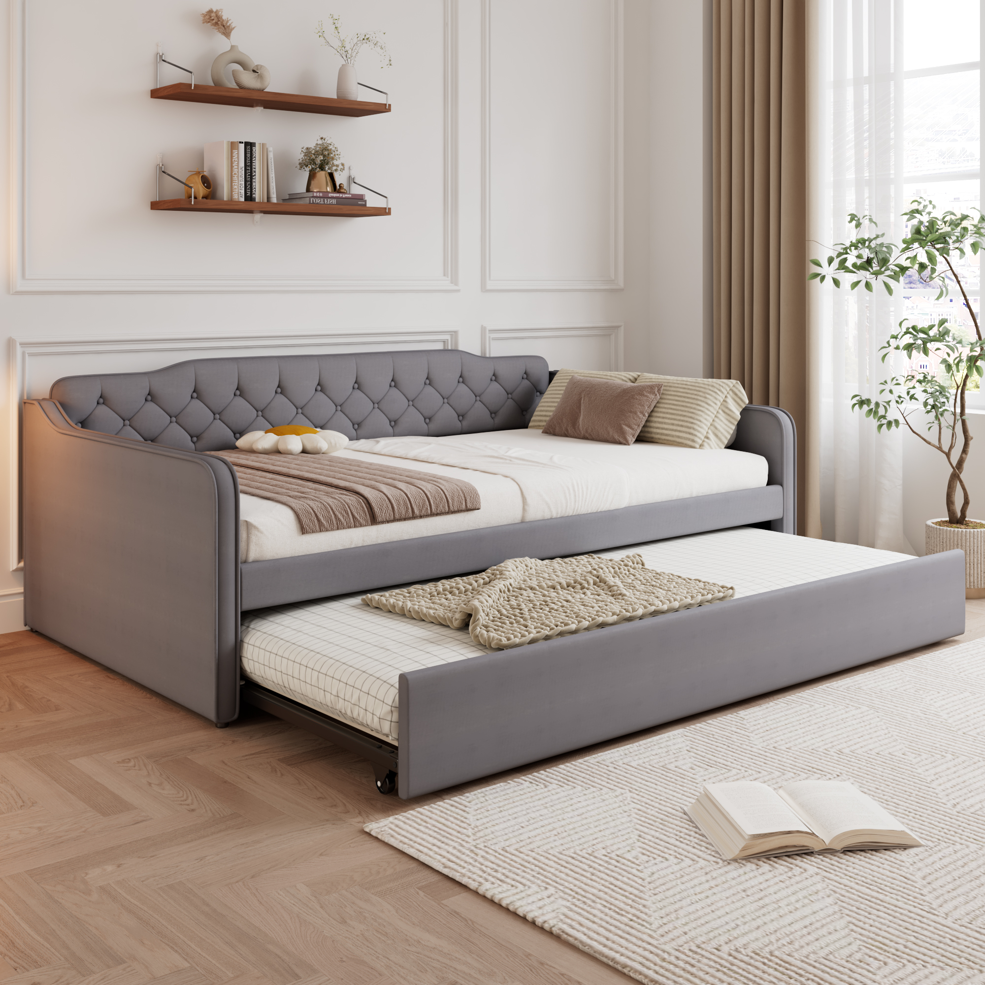Upholstered Bed,  4ft6 Double Bed 135x190cm, Daybed, Upholstered Double Bed Sofa Bed With Trundle, Pull Out Bed, Modern Velvet Youth Bed, For Adults & Teenagers, Easy Assembly, Velvet, Grey
