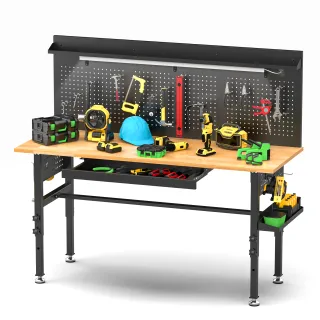 60in  Workbench With Drawers ,Solid Wood Top, 2000 Lbs Capacity, Adjustable Height Garage Work Table With Power Outlet, LED Light, Wheels Or Leveling Feet