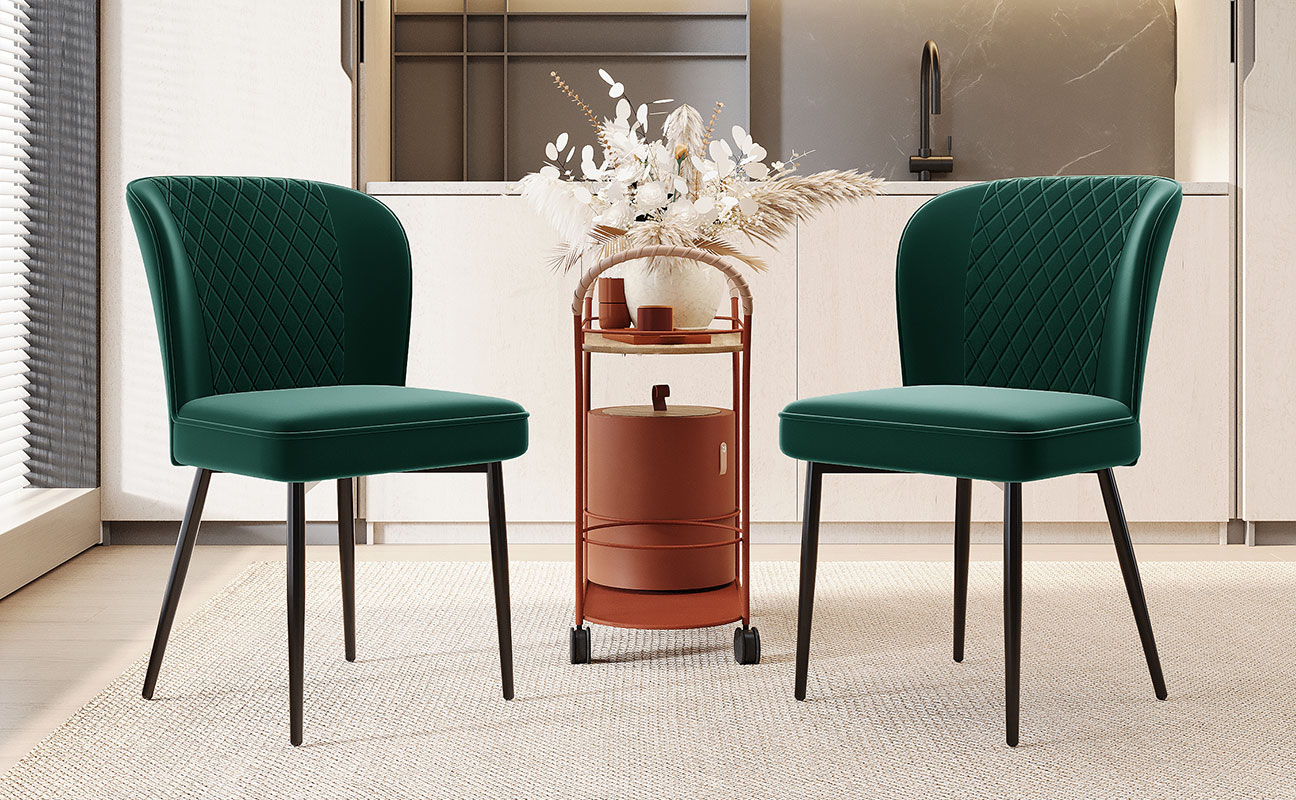 Velvet Dining Chair 2 Pcs , Dark Green, Modern Vanity Kitchen Accent Occasional — image 5