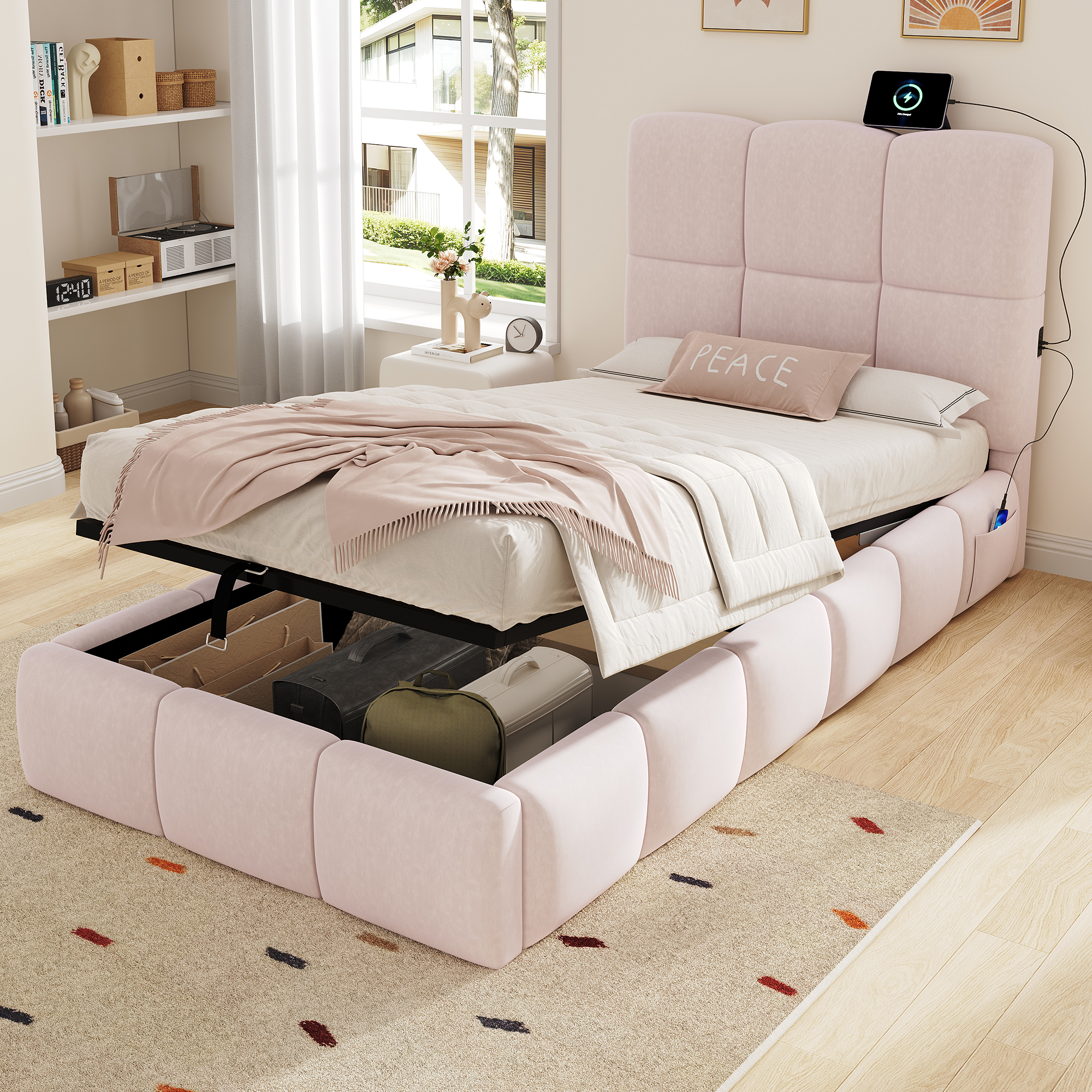 Upholstered Bed, Single Bed, Children S Bed, 3ft-90 X 190cm, Hydraulic Bed, Bed With Headboard And Large Storage Space, Upholstered Headboard, Velvet, Pink