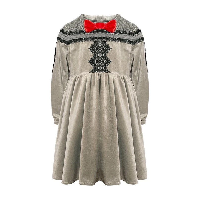 Girls Grey Velvet-Cotton Long Dress Kids Vintage Lace Outfit 3-10Y Spring — image 5