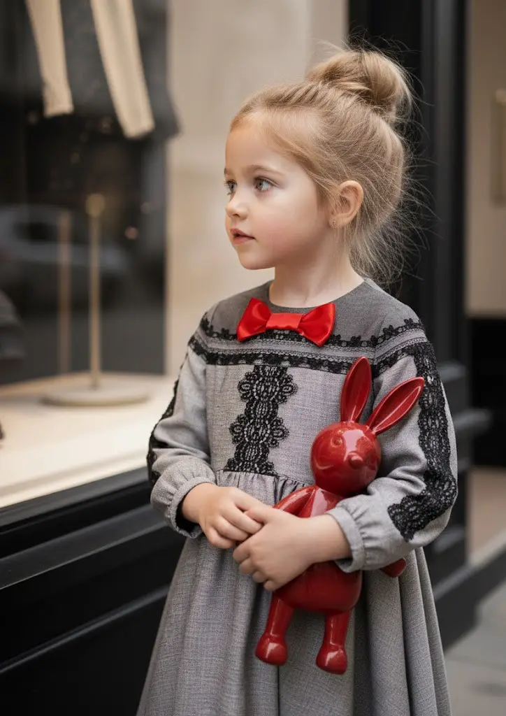 Girls Grey Velvet-Cotton Long Dress Kids Vintage