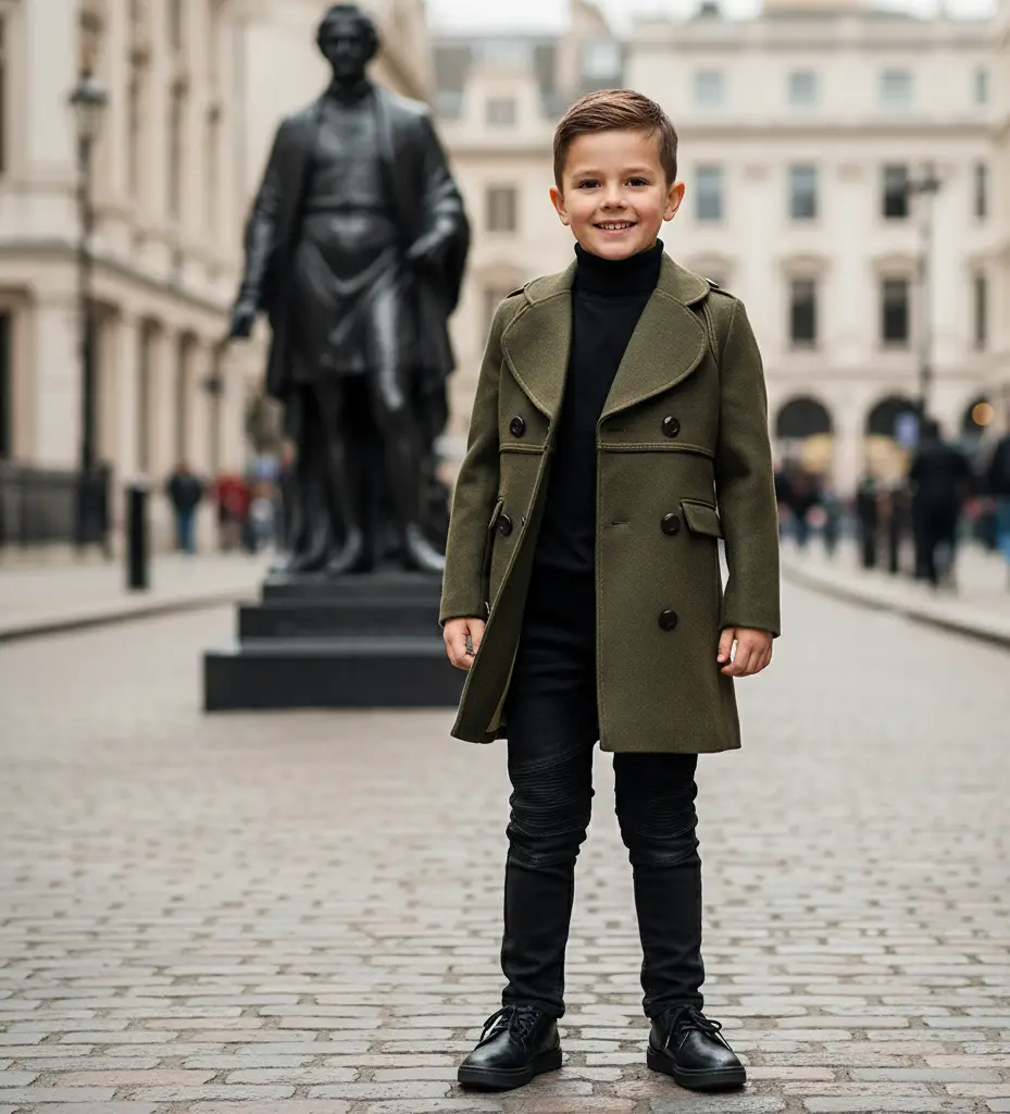 Boy's Thick Warm Military Jacket Green Double Breasted Wool Coat 3-12 Year