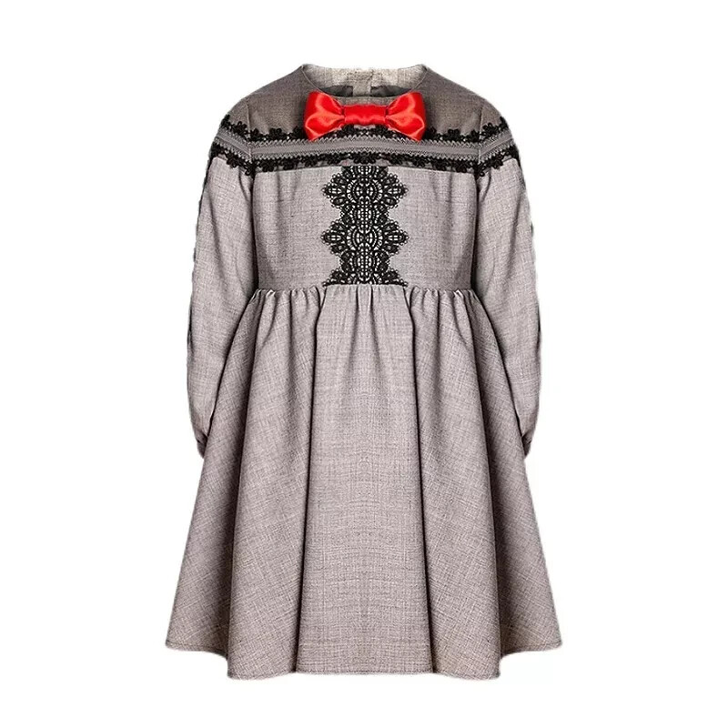 Girls Grey Velvet-Cotton Long Dress Kids Vintage Lace Outfit 3-10Y Spring — image 6