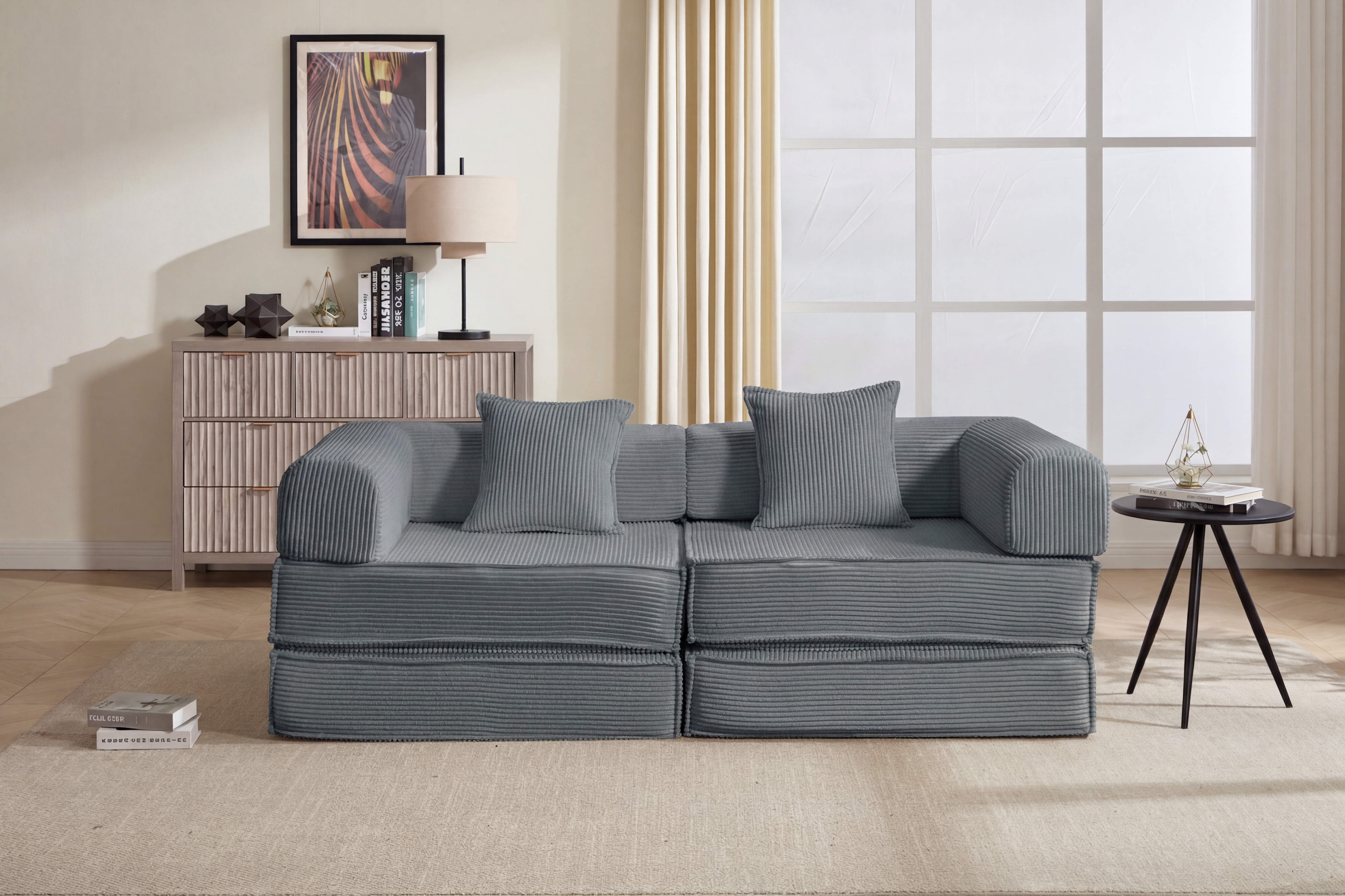 78  Convertible Sofa Bed, Modular Corduroy Couch With 2 Pillows, Space-Saving Compressed Floor Sofa, Ideal For Living Room, Bedroom, Apartment,Grey.