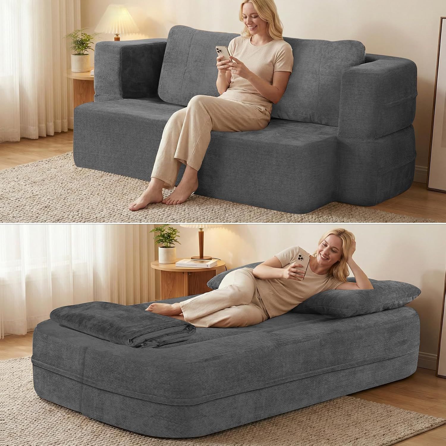 Convertible Sofa Bed With Blanket, Boneless Cloud Couch Queen   Fabric For Living Room Bedroom, Modular Loveseat With High-Density Solid Sponge No Assembly,Grey.