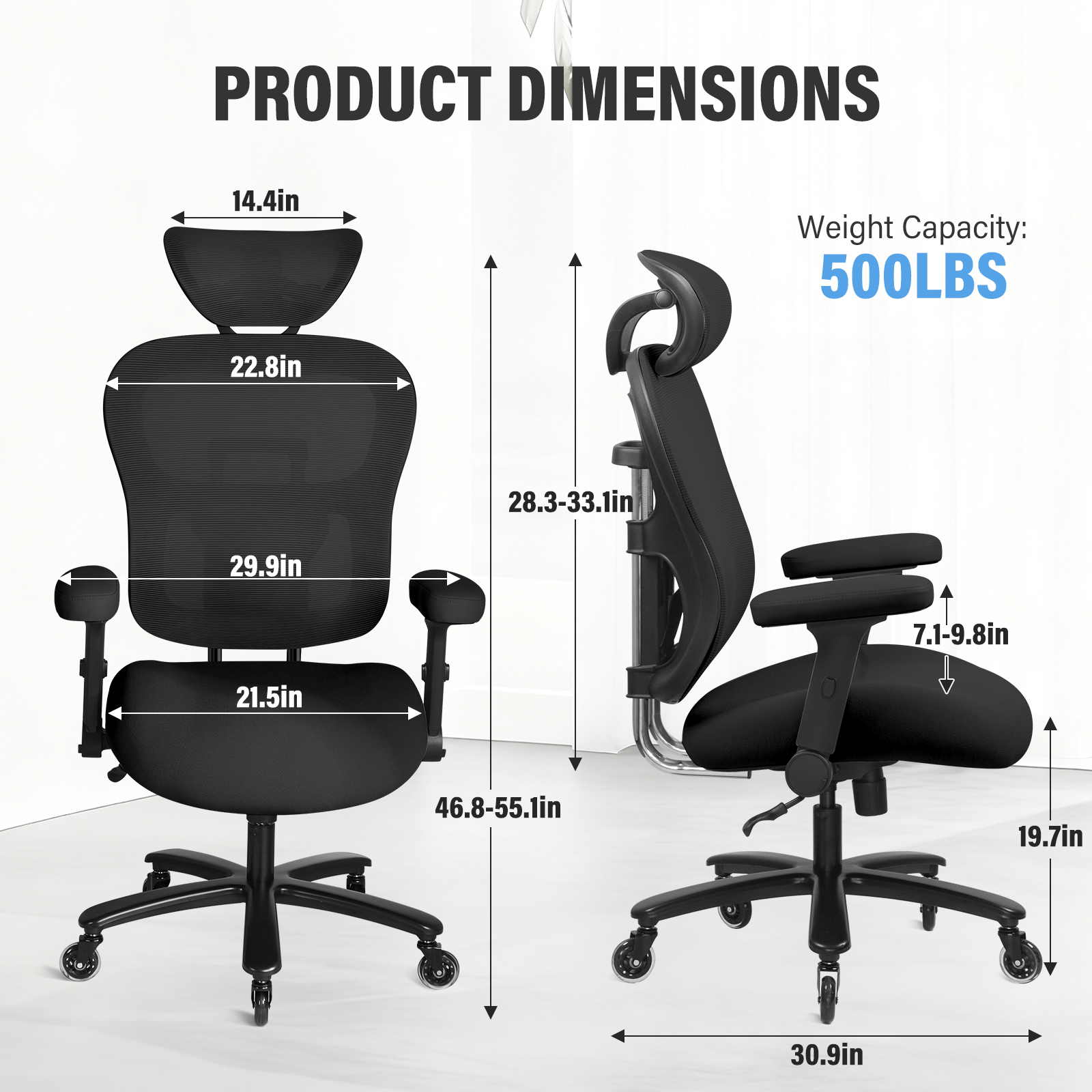 500LBS Big And Tall Office Chair Mesh Breathable,Gaming Chair With Adjustable Backrest Height & Headrest Angle & Adaptive Lumbar Lupport, Executive Computer Desk Chair With 2D Flip-Up Arms,Black.
