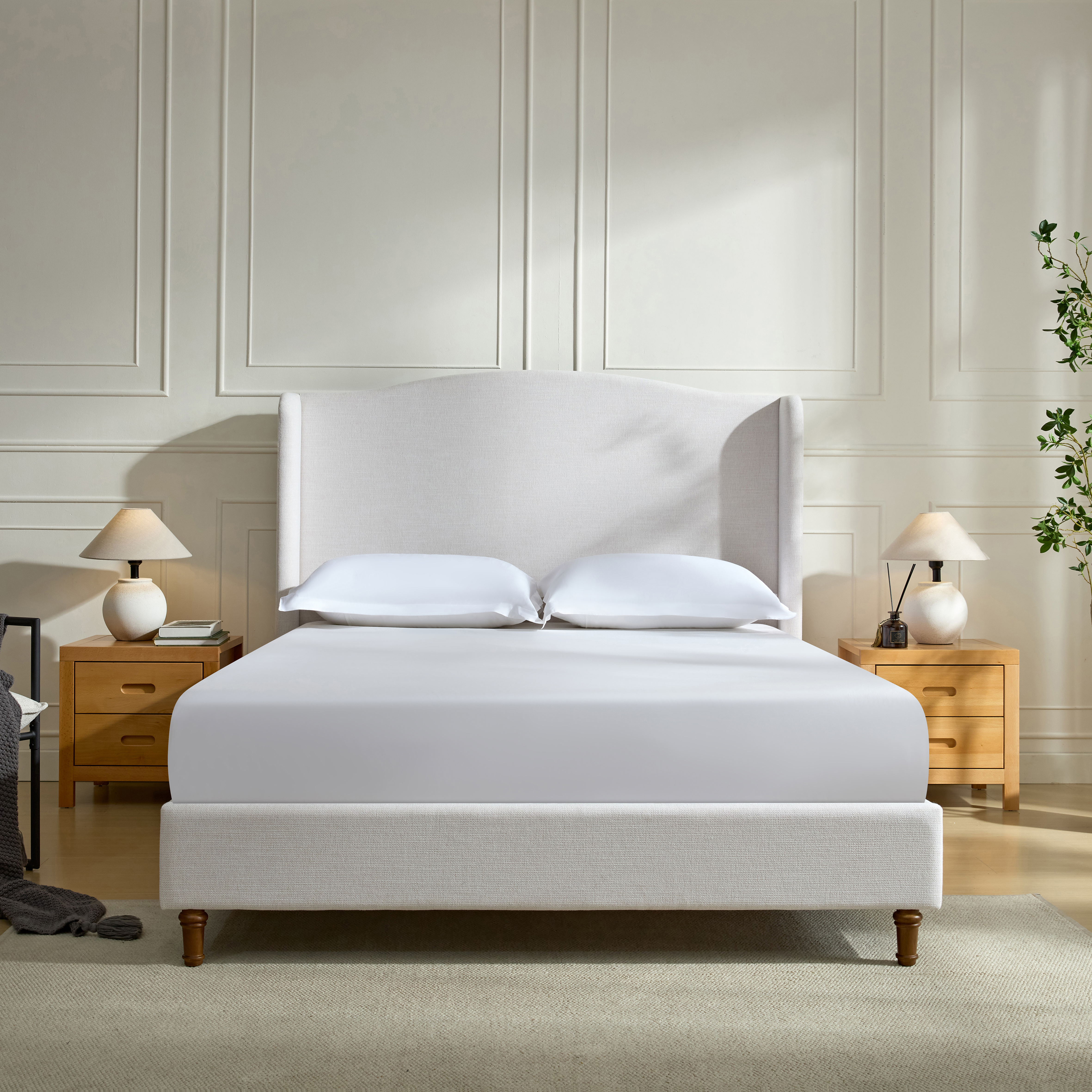 Hannah Upholstered Wingback Bed Size Queen   Tall 54  Headboard Upholstered Queen Bed   Premium Textured Canvas Chenille Look Ivory   Minimalist Designs   No Box Spring Needed   Easy Assembly   Queen