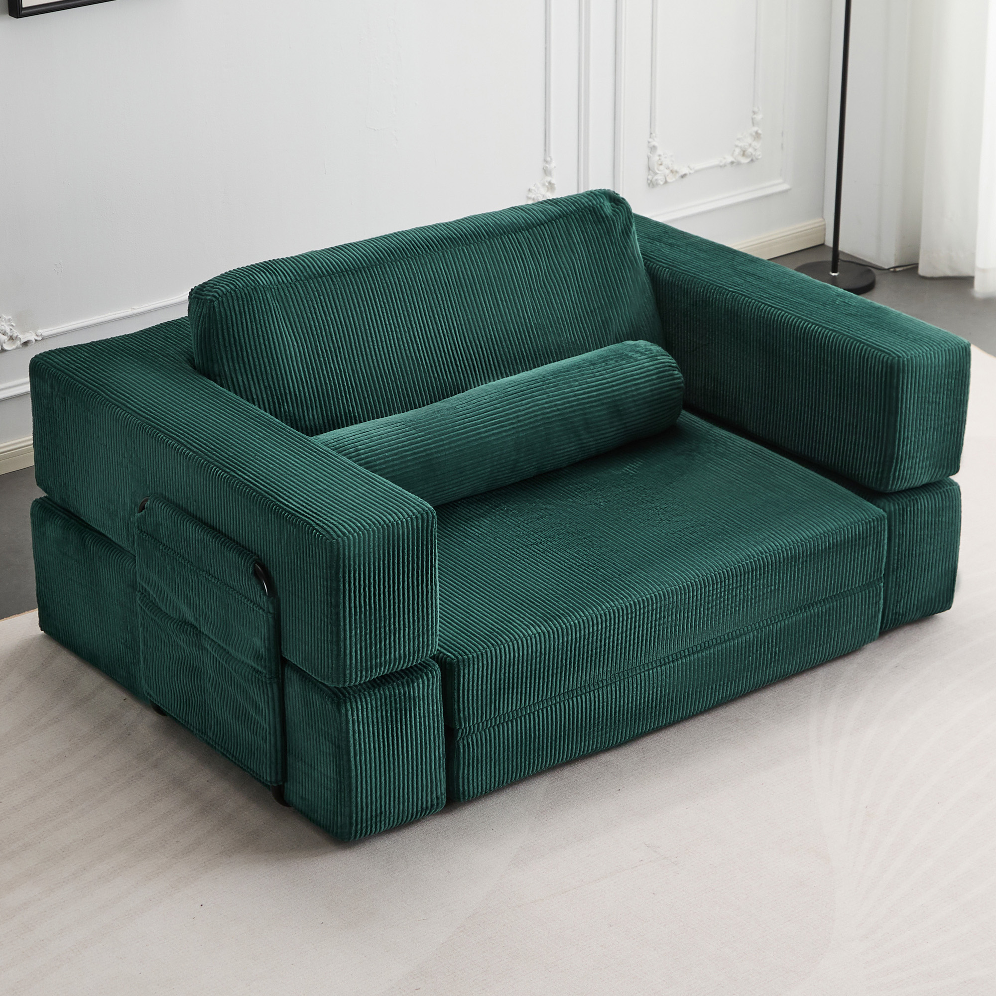 Foldable Castle Sofa Modular PlayCouchfor Living Room & Bedroom Instant Expansion Comfortable &Creative Design Furniture Seater With One Side Seat,Green.