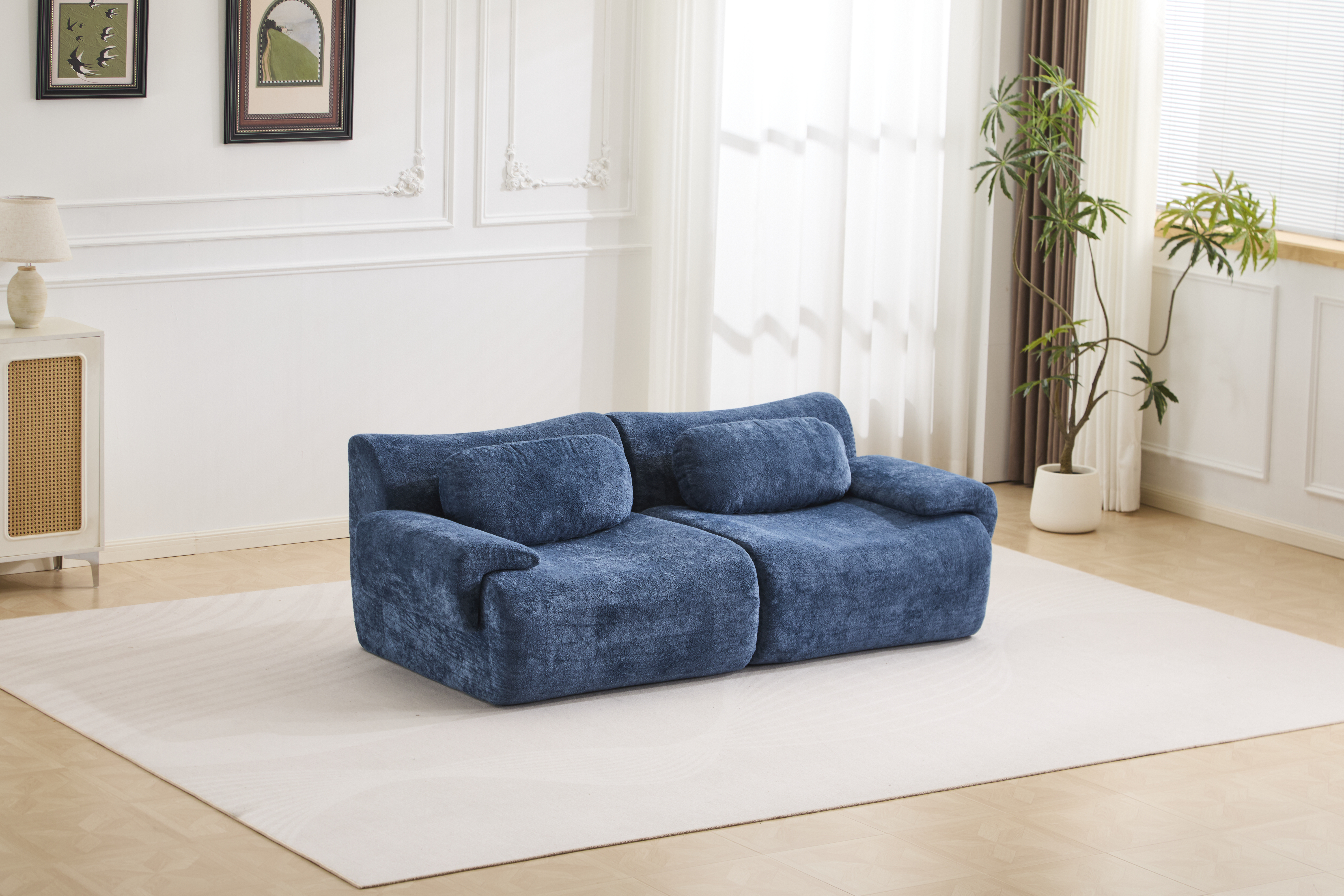 Compression Wave Sofa, Convertible Floor Sofa Bed, DIY Boneless Modular Sectional Sofa, No Assembly Required, Rabbit Velvet Fabric, 2-Seater, Blue