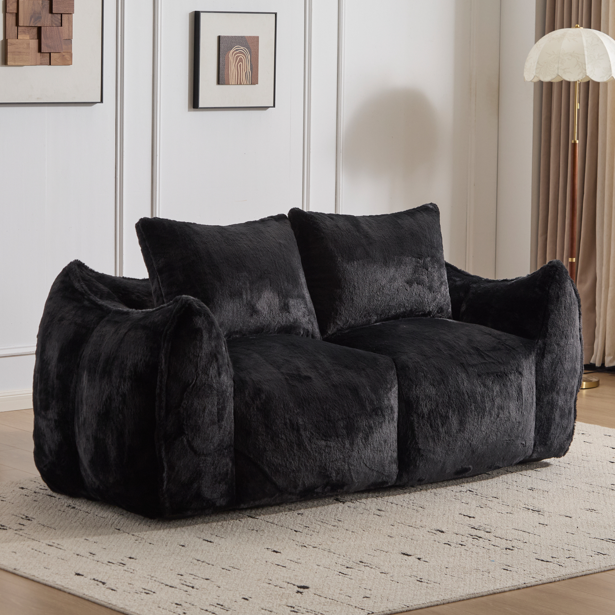 Giant Bean Bag Couch For Adults, Ultra Soft Fluffy Loveseat Bean Bag Sofa, Oversized Chase Lounge Chair Indoor For Living Room Bedroom, No Assembly Required Cozy Reading Chair With Pillows, Black BlACK