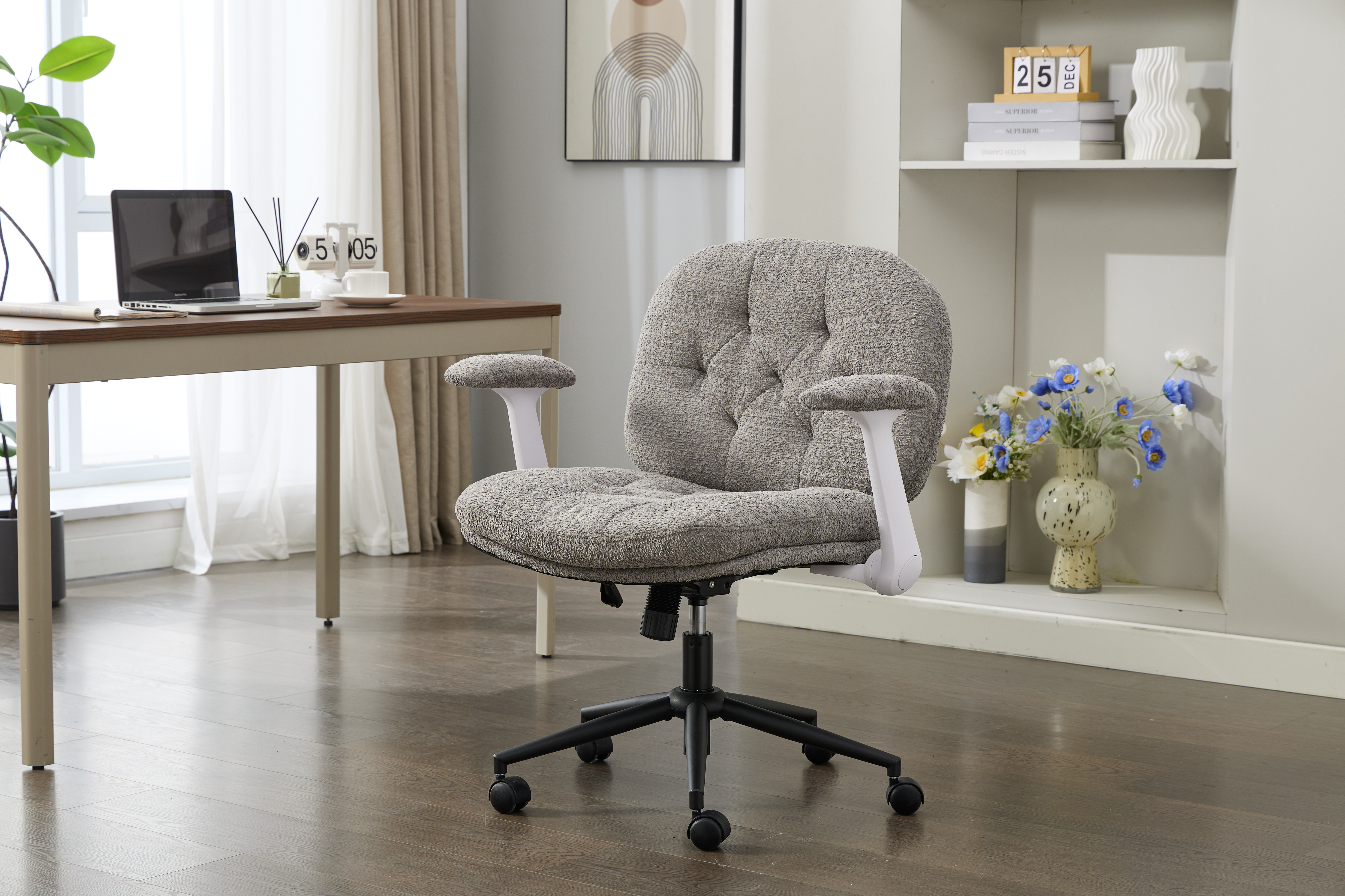 Cross Legged Chair With Flip-up Armrests, Comfy Swivel Chairs With Wide Seat For Women, Adjustable Makeup Vanity Chair For Apartment, Home, Office,Grey.