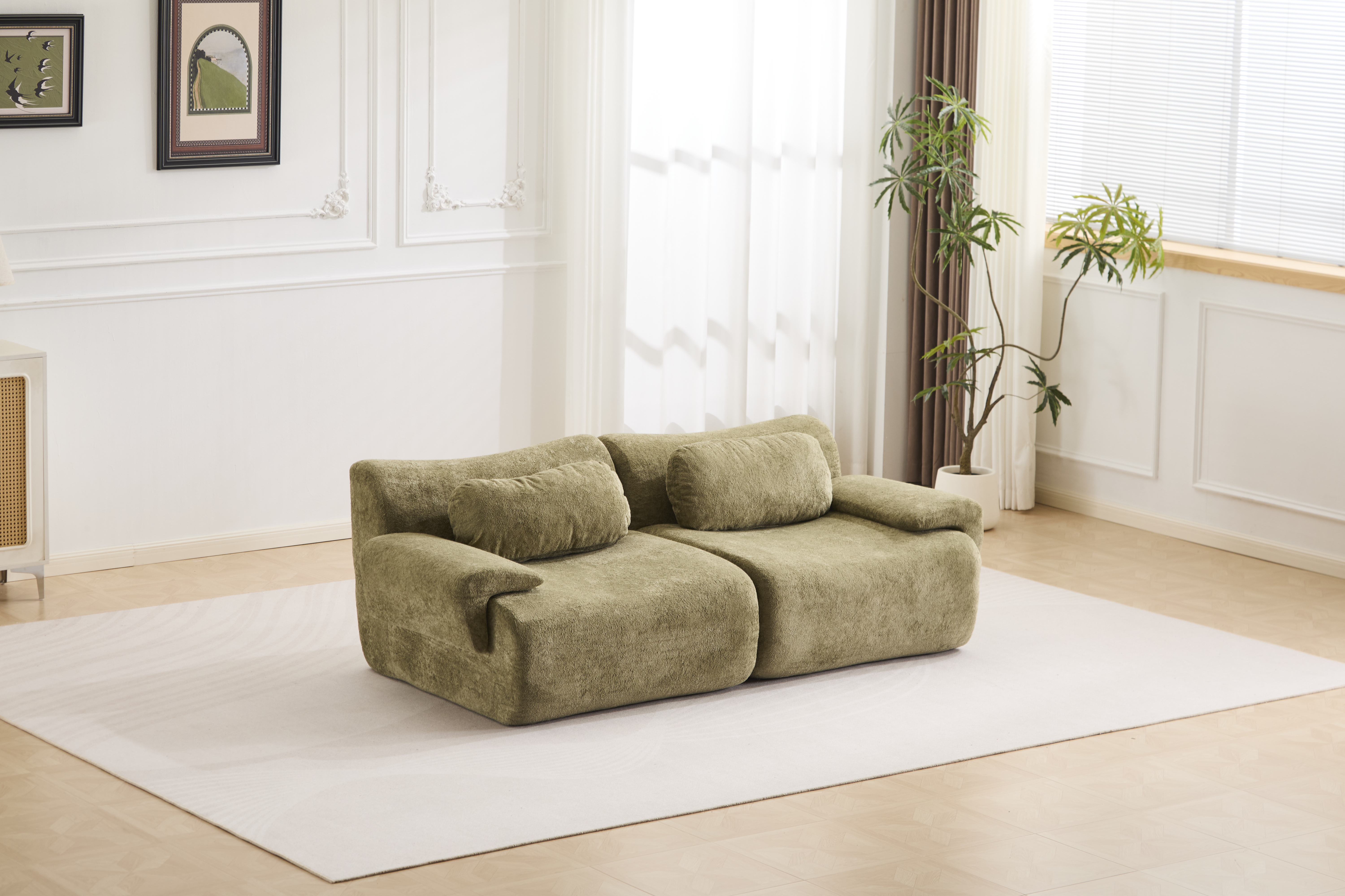 Compression Wave Sofa, Convertible Floor Sofa Bed, DIY Boneless Modular Sectional Sofa, No Assembly Required, Rabbit Velvet Fabric, 2-Seater, Green