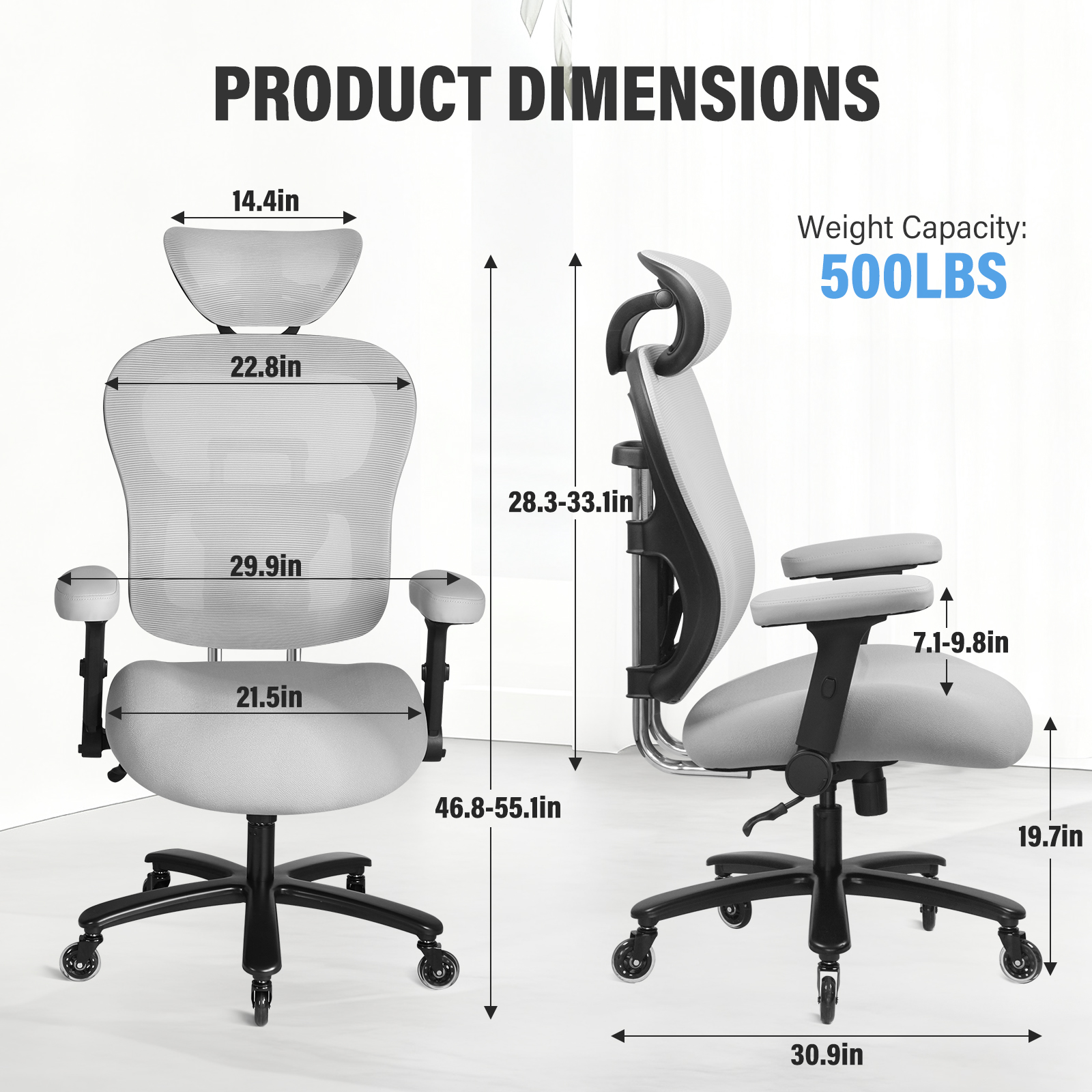 500LBS Big And Tall Office Chair Mesh Breathable,Gaming Chair With Adjustable Backrest Height & Headrest Angle & Adaptive Lumbar Lupport, Executive Computer Desk Chair With 2D Flip-Up Arms,Grey. 2