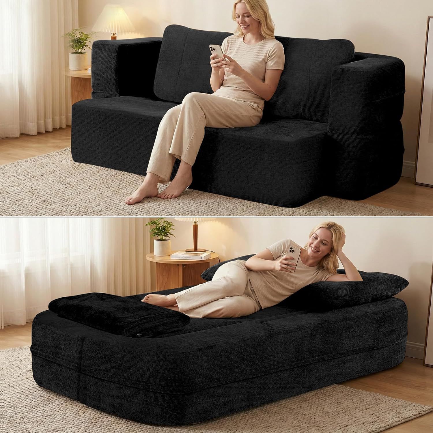 Convertible Sofa Bed With Blanket, Boneless Cloud Couch Queen  Fabric For Living Room Bedroom, Modular Loveseat With High-Density Solid Sponge No Assembly,Black.
