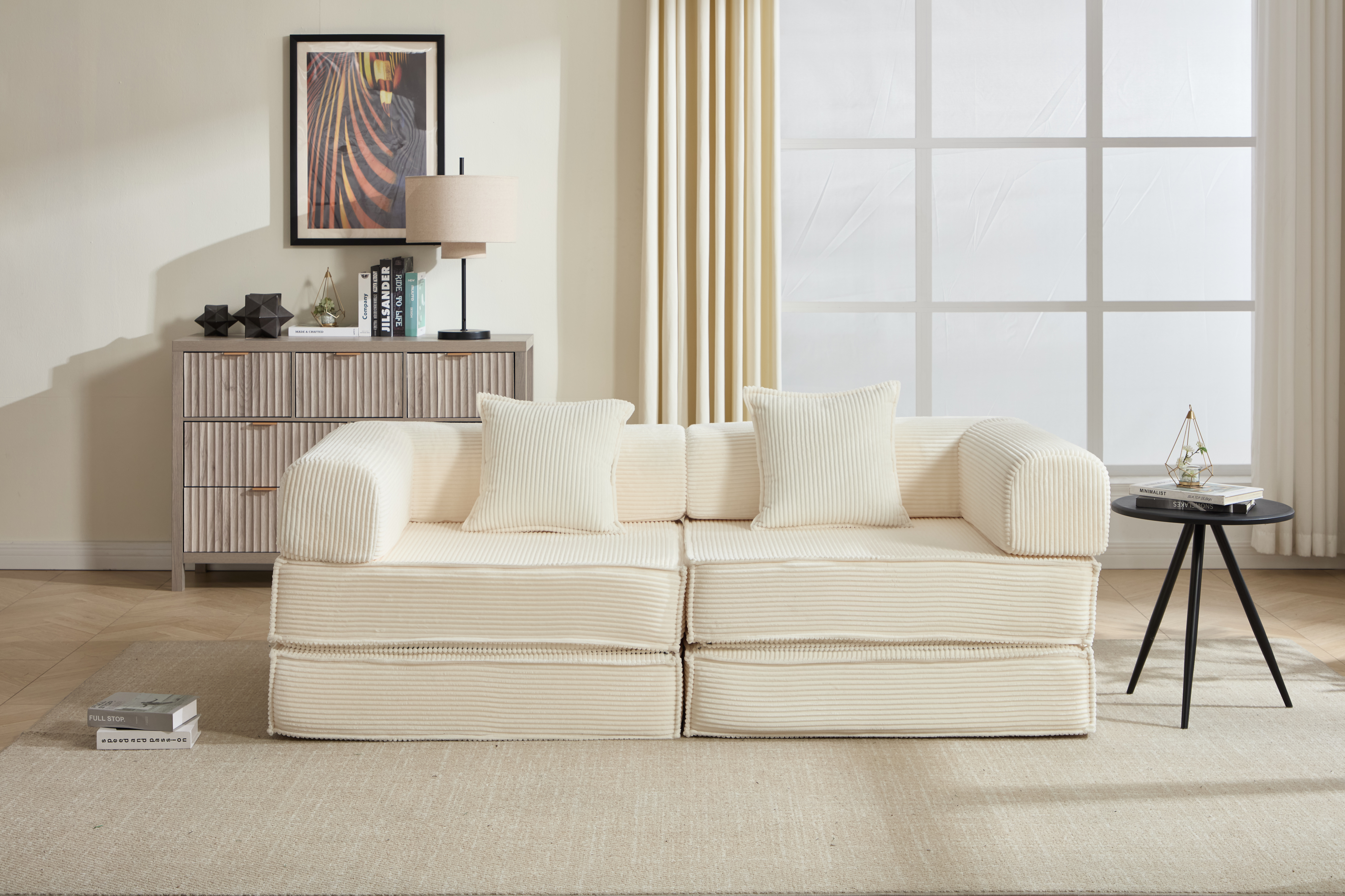 78  Convertible Sofa Bed, Modular Corduroy Couch With 2 Pillows, Space-Saving Compressed Floor Sofa, Ideal For Living Room, Bedroom, Apartment,Beige.