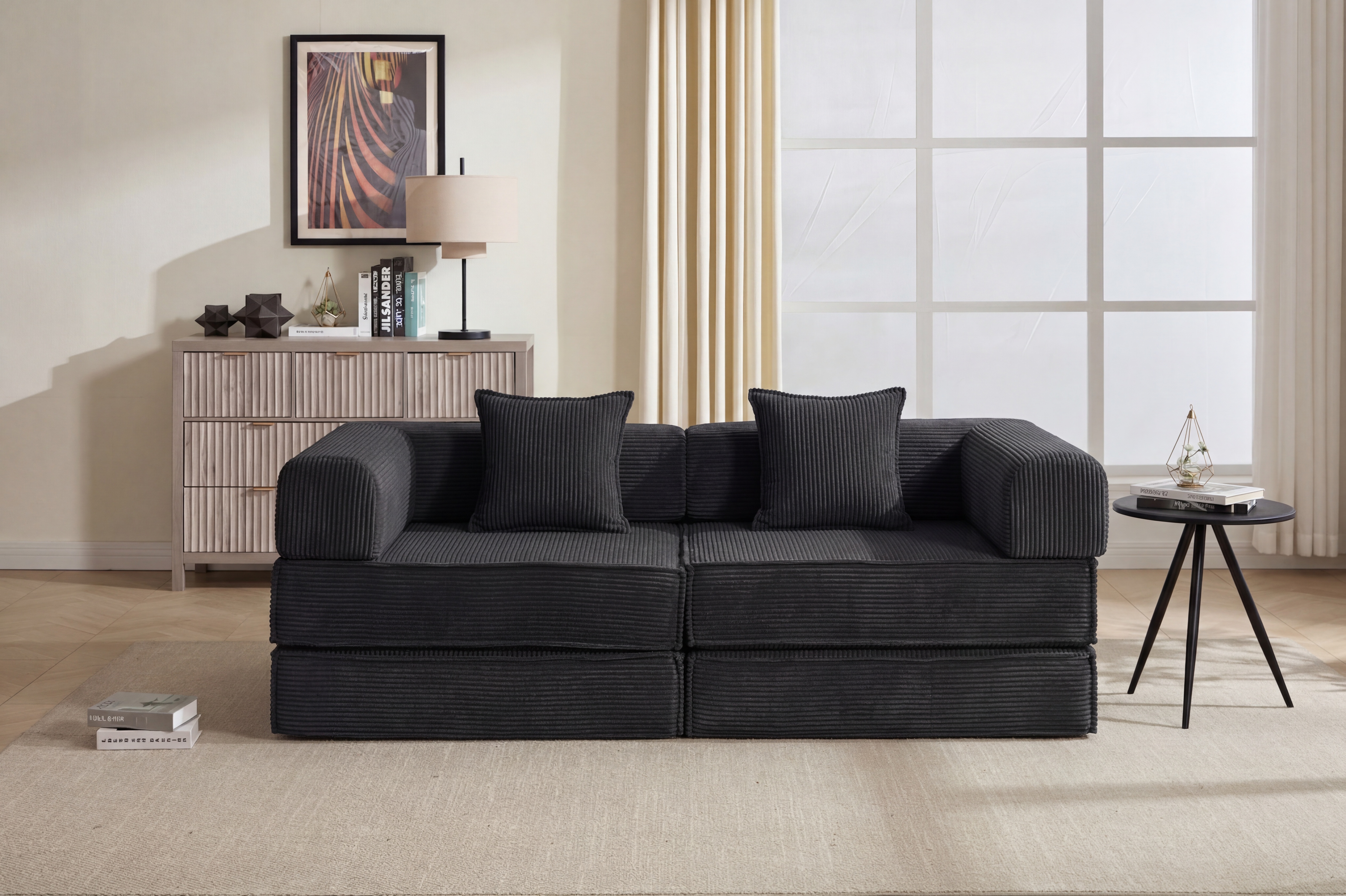 78  Convertible Sofa Bed, Modular Corduroy Couch With 2 Pillows, Space-Saving Compressed Floor Sofa, Ideal For Living Room, Bedroom, Apartment,Black.