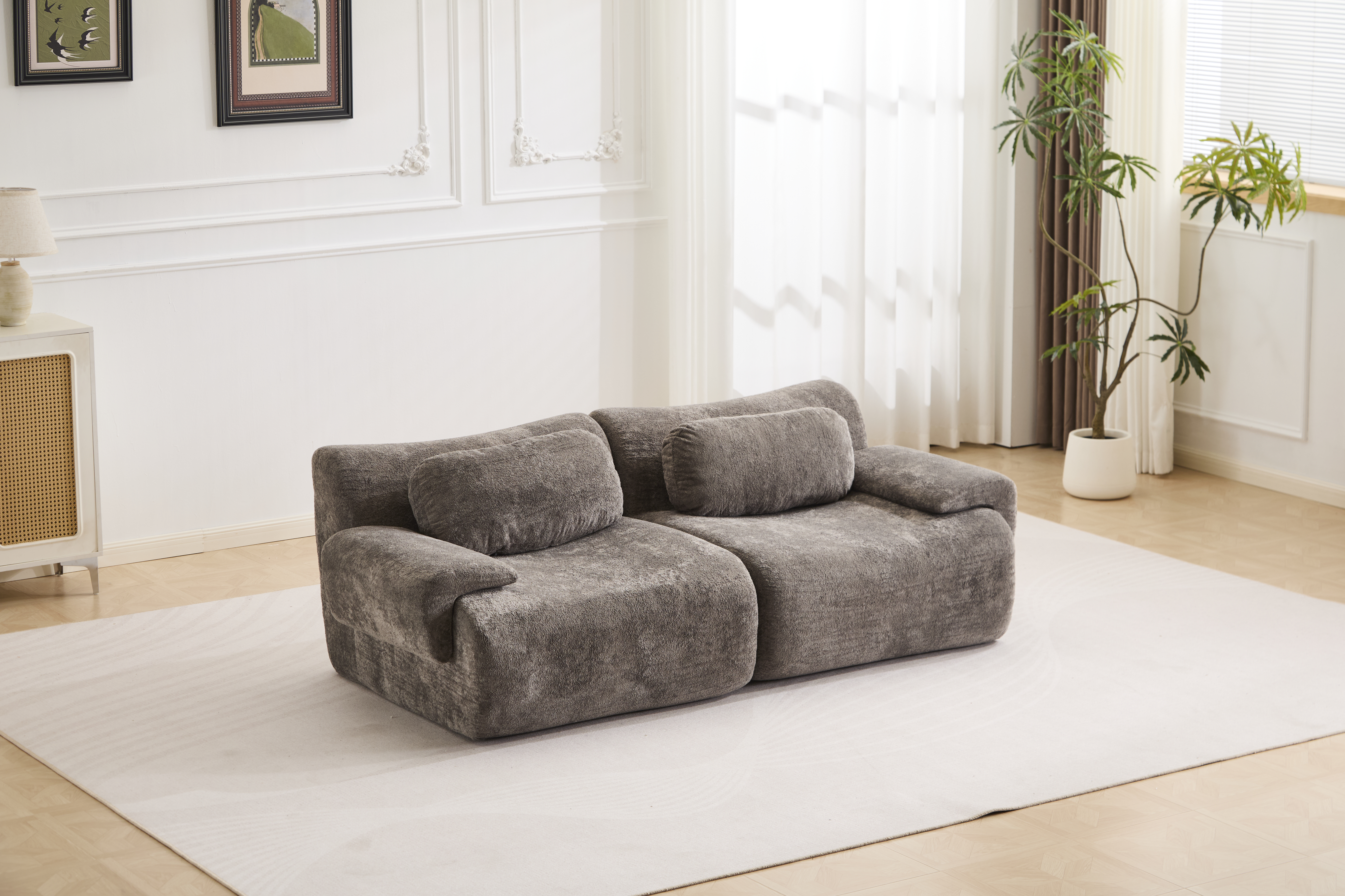 Compression Wave Sofa, Convertible Floor Sofa Bed, DIY Boneless Modular Sectional Sofa, No Assembly Required, Rabbit Velvet Fabric, 2-Seater,  Grey