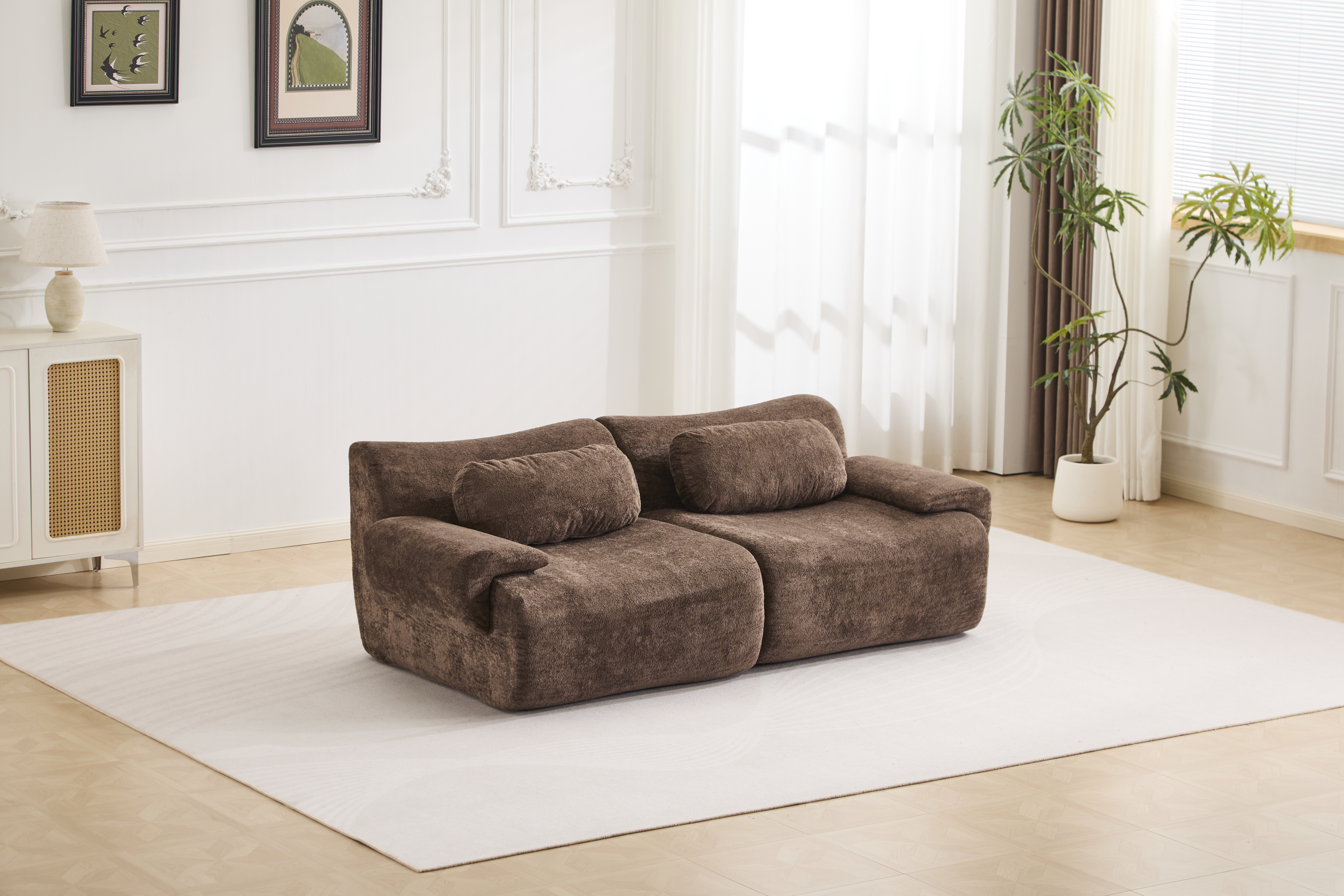 Compression Wave Sofa, Convertible Floor Sofa Bed, DIY Boneless Modular Sectional Sofa, No Assembly Required, Rabbit Velvet Fabric, 2-Seater, Choclate