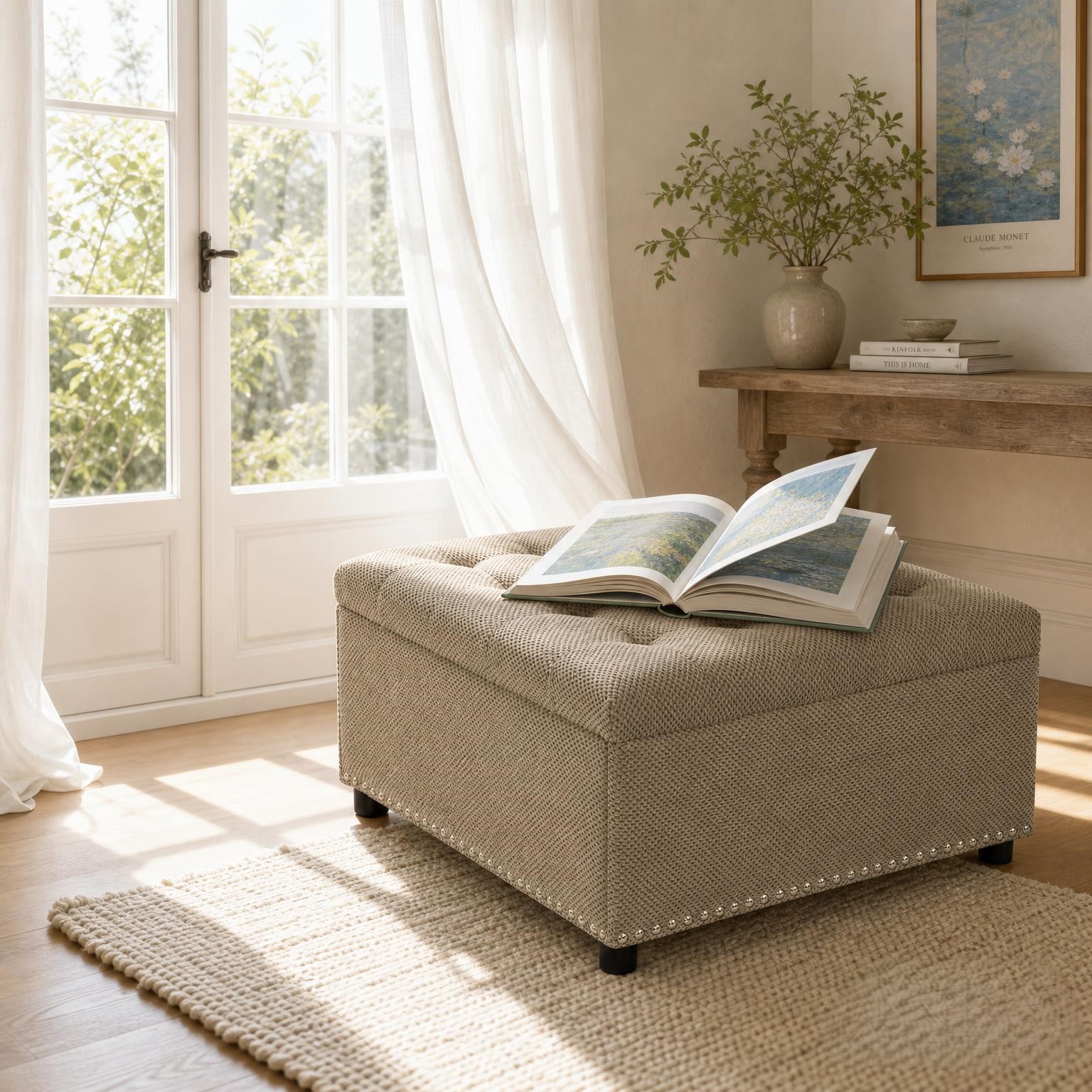 Storage Ottoman, Tufted Footstool, Nailhead Trim Ottoman, Square Storage Ottoman, Upholstered Coffee Table, Bedroom Storage, Living Room Accent,  Ottoman, Small Space Furniture, Home Decor.