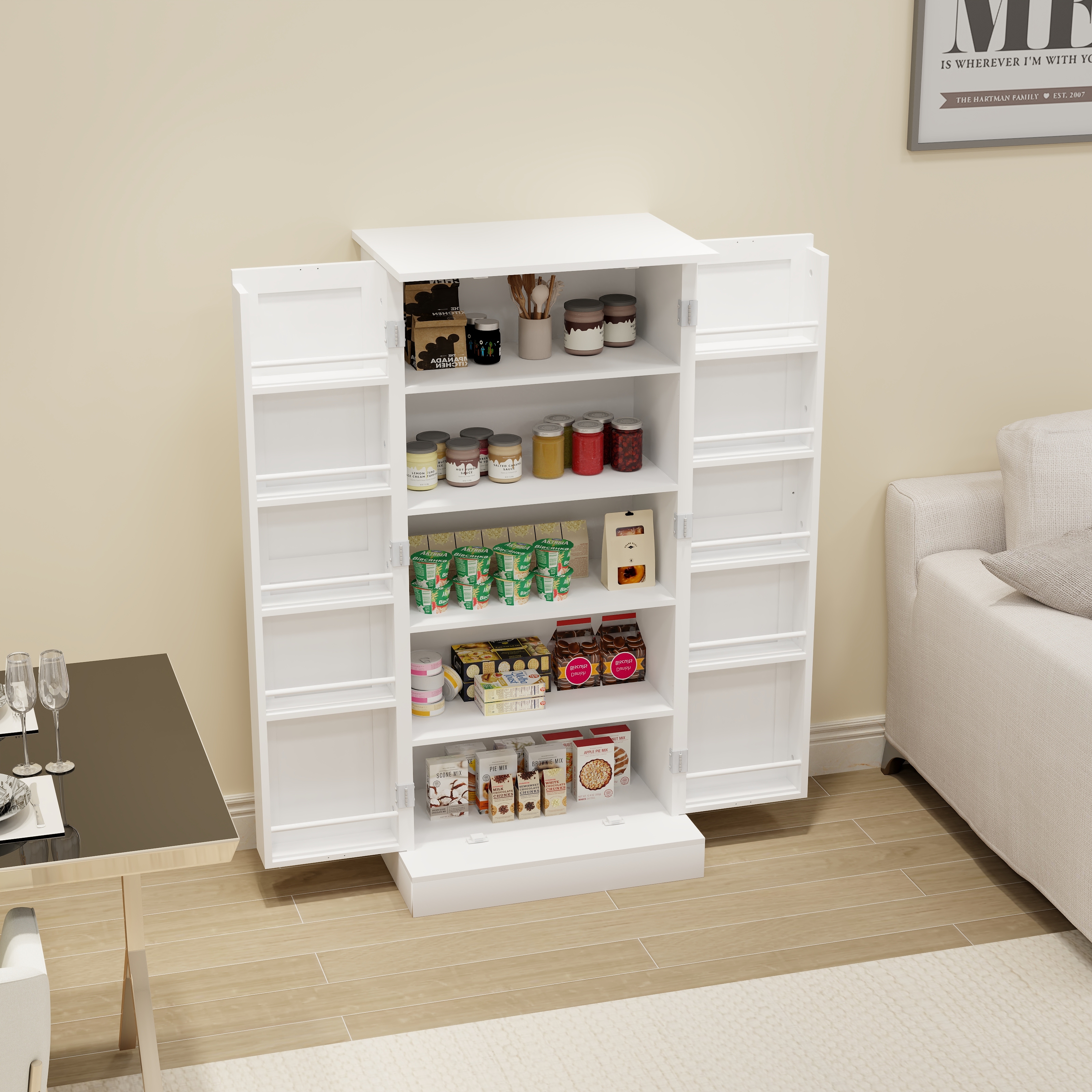 50  LED Kitchen Pantry Cabinet,Freestanding Buffet Cupboards Sideboard With 2 Doors With Racks And 2 Adjustable Shelves For Kitchen, Living Room And Dinning Room-White