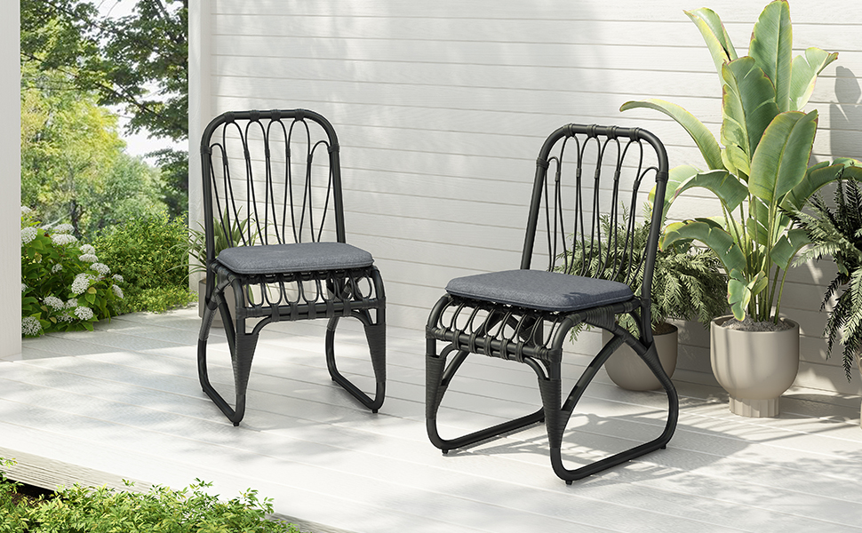 Outdoor PE Wicker Dining Chairs With Washable Cushion Set Of 2, Outdoor Rattan Chairs For Backyard, Poolside, Garden,Patio,Grey