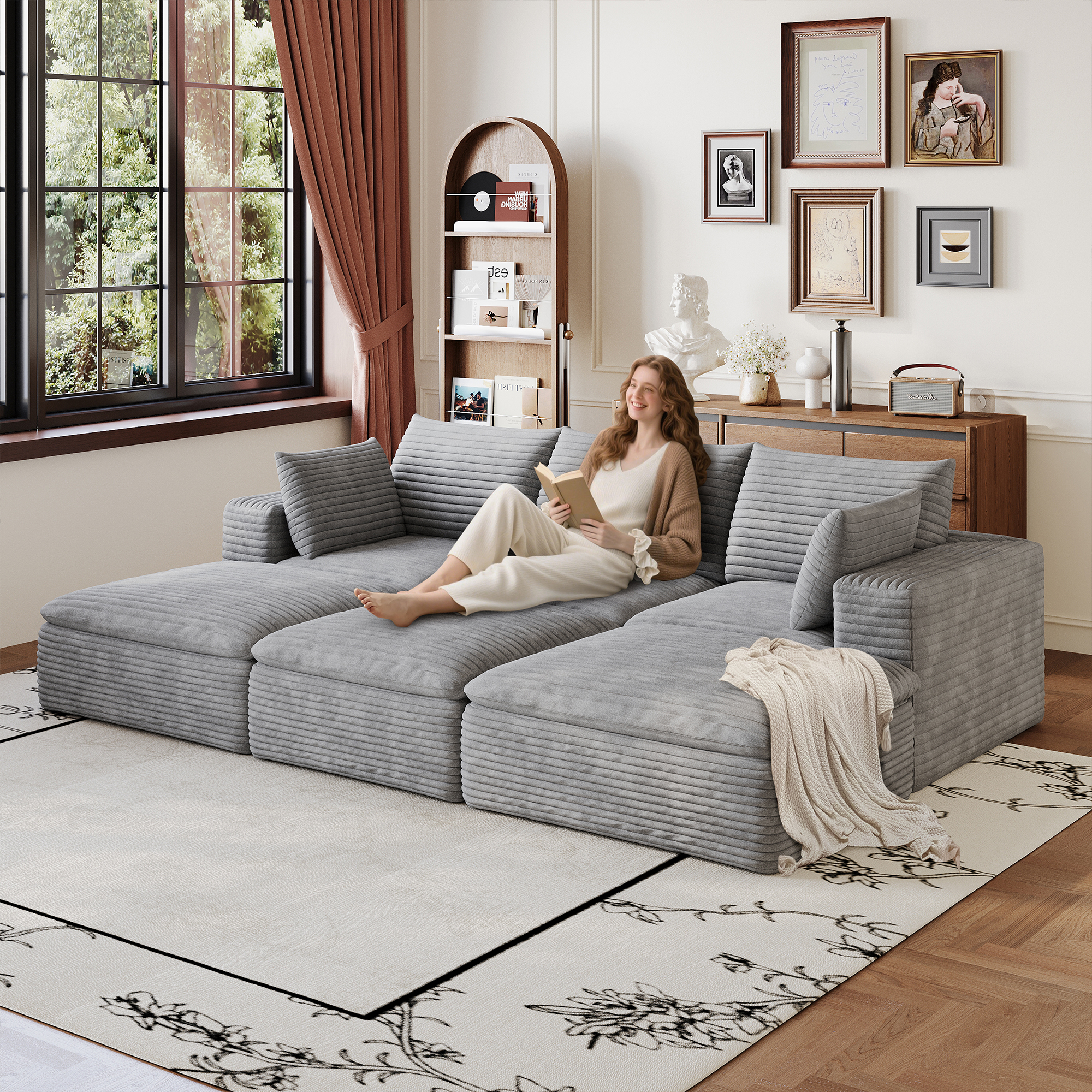 102  Cloud Sofa,Corduroy Fabric,Deep Seat Couches,Double-layer Design,Removable  Cushion,No Assembly, DIY Combination For Living Room, Bedroom,Conference Room ,Apartment,Grey