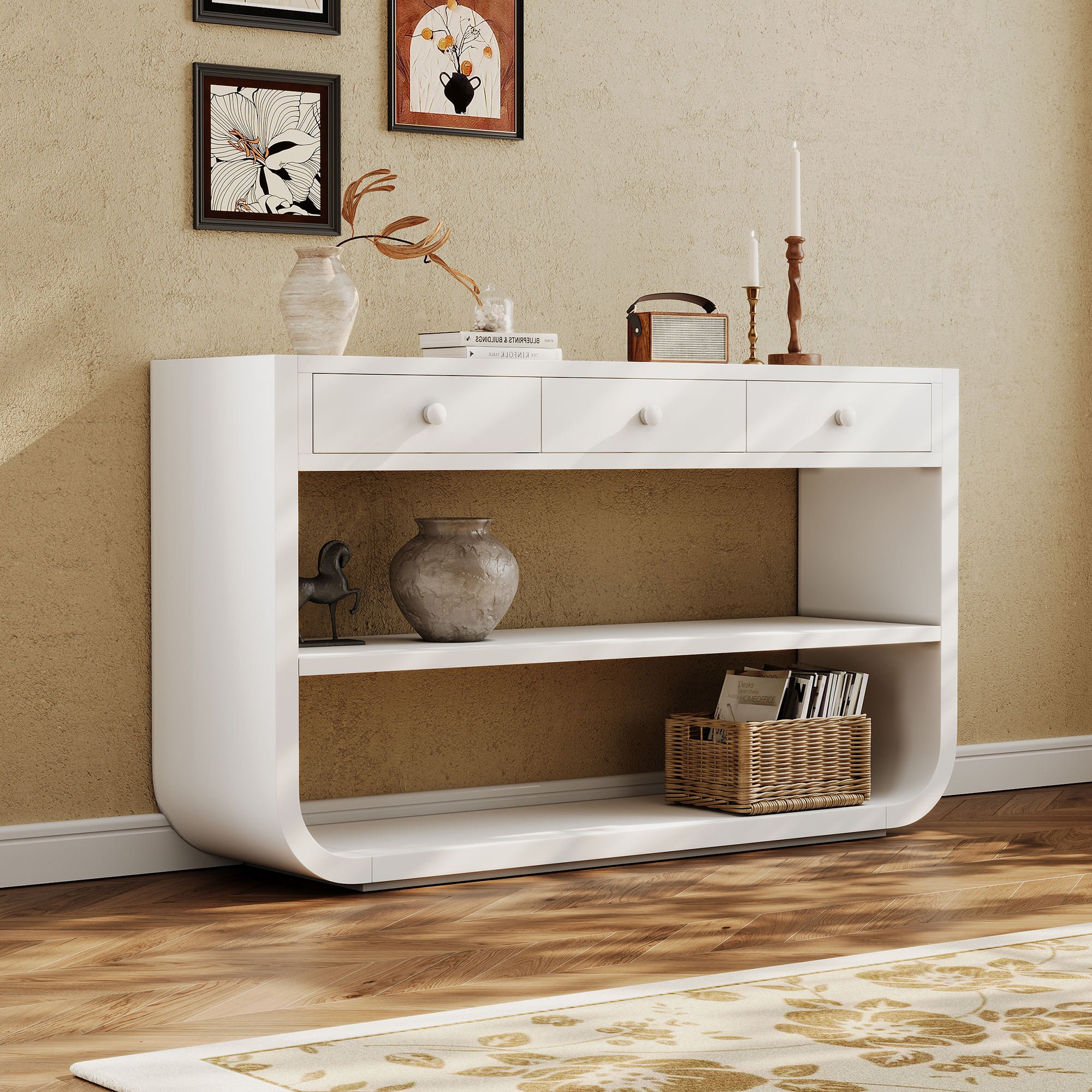 Video Modern Curved Console Table With 3 Soft-Close Drawers & 2 Open Shelves, Solid Wood Base, Entryway Table For Living Room Hallway Study, White
