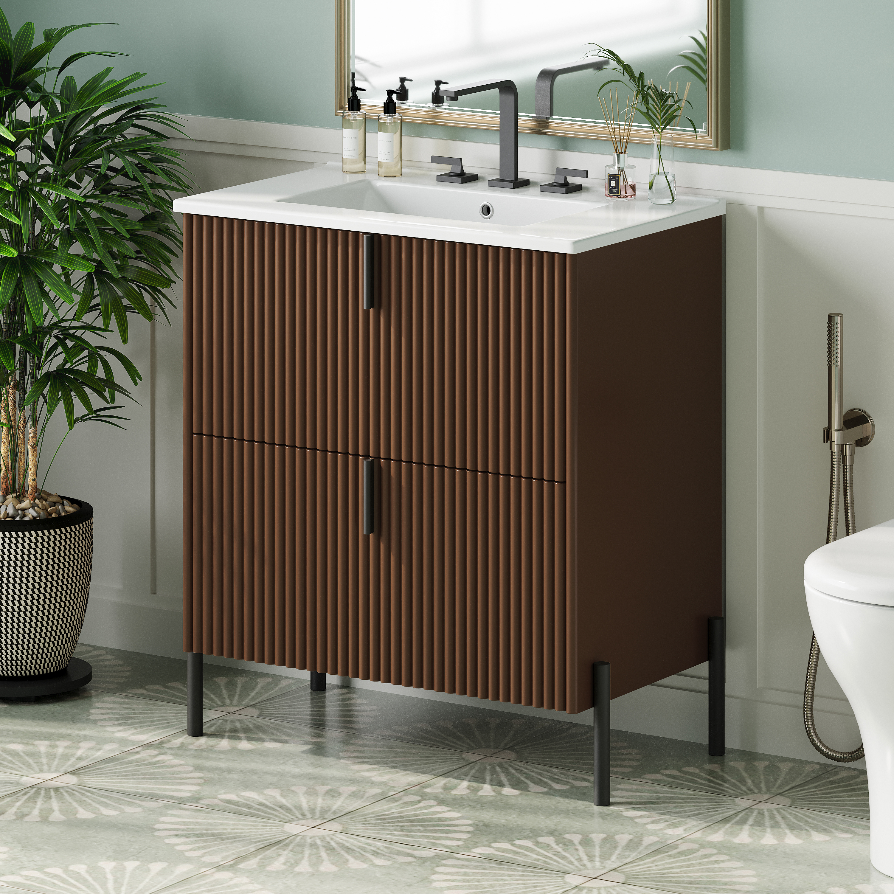 30  Bathroom Vanity With Ceramic Sink, Equipped With Vertical Pulls And Full-Extension Drawers, Freestanding Bathroom Vanity With Soft Close Drawer Slides, Fluted Design, Dark Brown