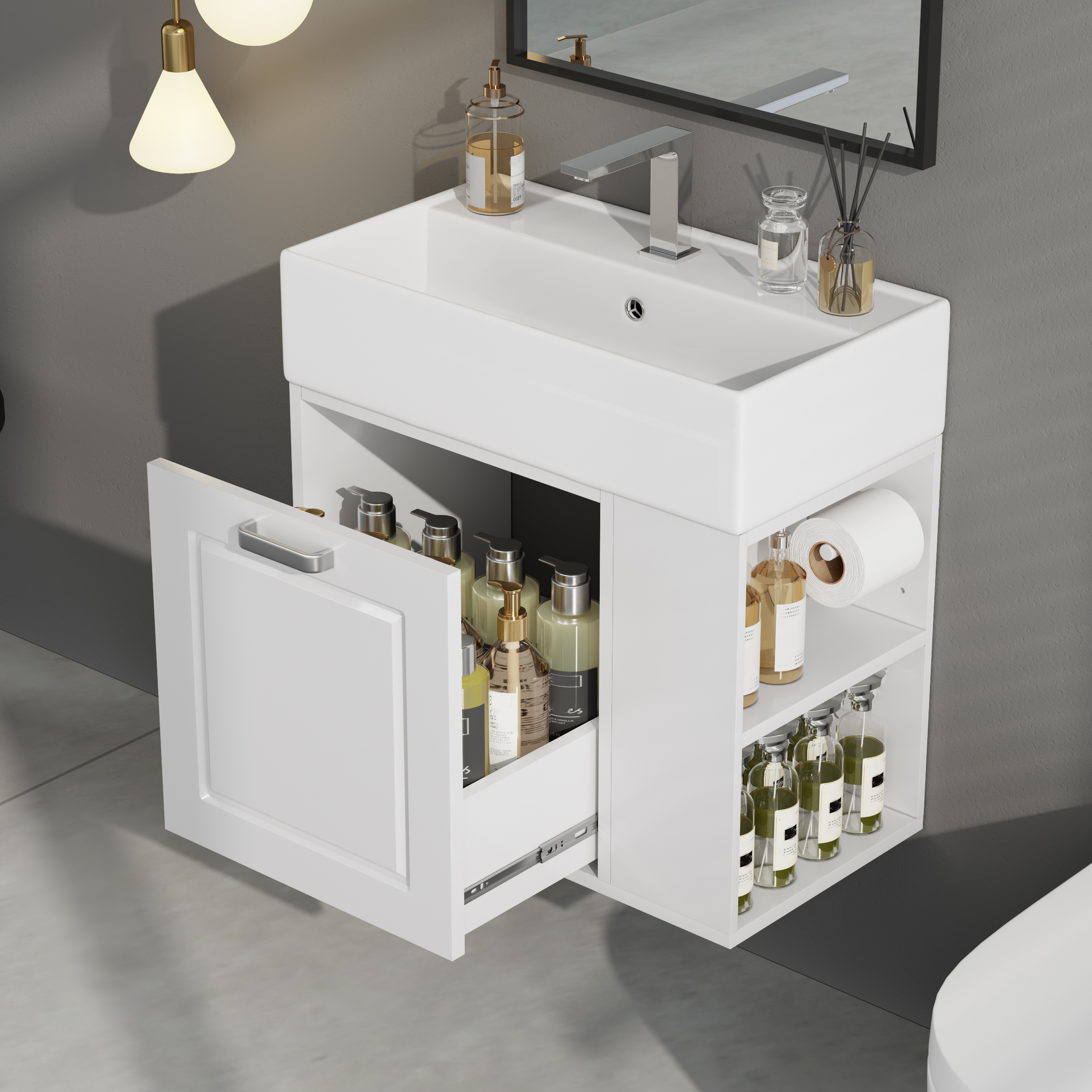 21.8 Inch Bathroom Vanity With Sink, Wall Mounted Floating Cabinet, One Big Drawer, Adjustable Shelf, Toilet Paper Holder, Soft-Close System, White