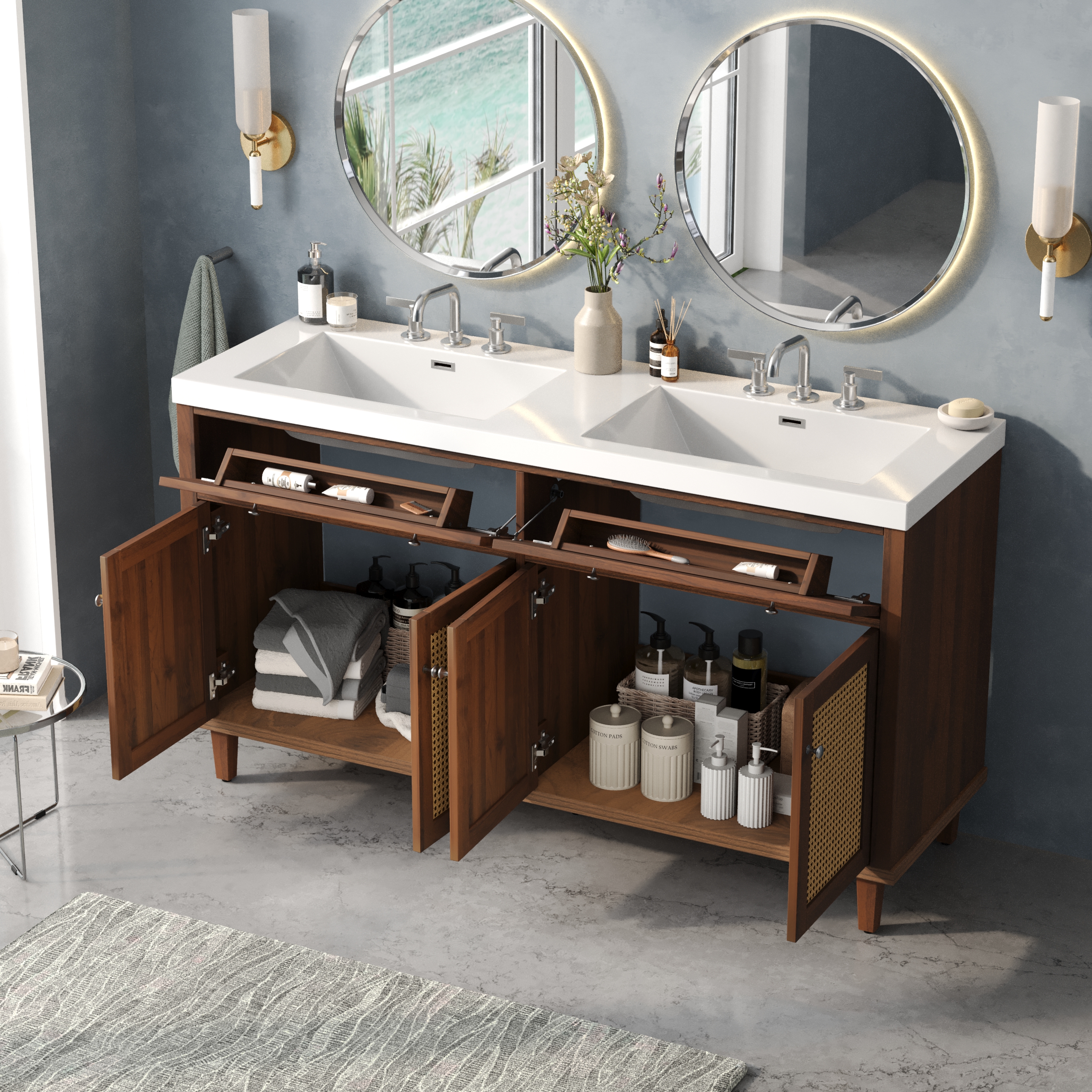 60 Inch Bathroom Vanity With Double Sink   SMC Sink  , Large Storage Space With 2 Tip-Out Trays   Flip-Out Drawers And 4 Soft Closing Doors, Solid Wood Legs And Silver Metal Knobs, Brown