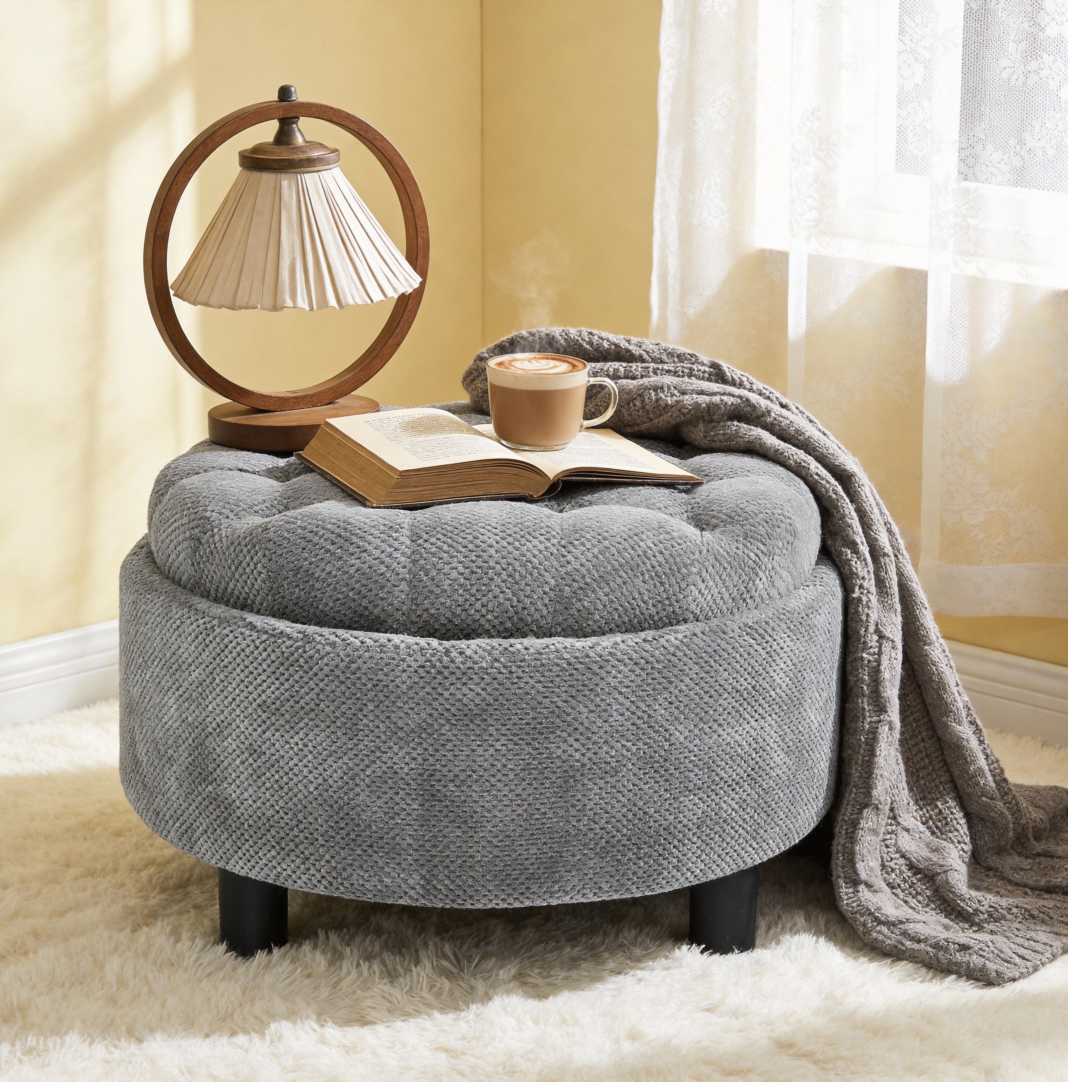 Round Storage Ottoman with Tray, picture 2 of 4