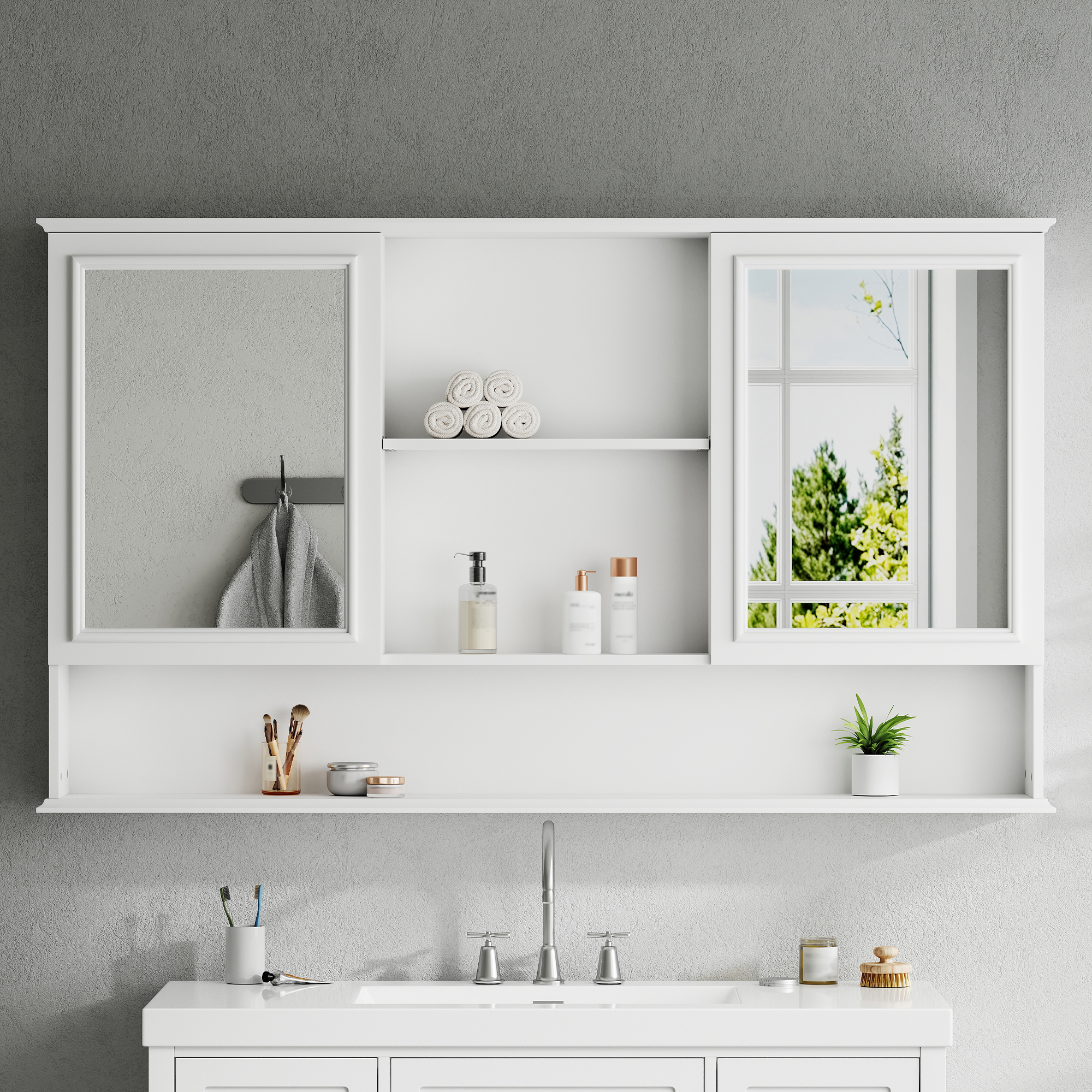 Video 60  Wall-Mounted Bathroom Medicine Cabinet With Double Mirrored Doors, Adjustable Shelves, Open Storage, Soft-Close Hinges, White