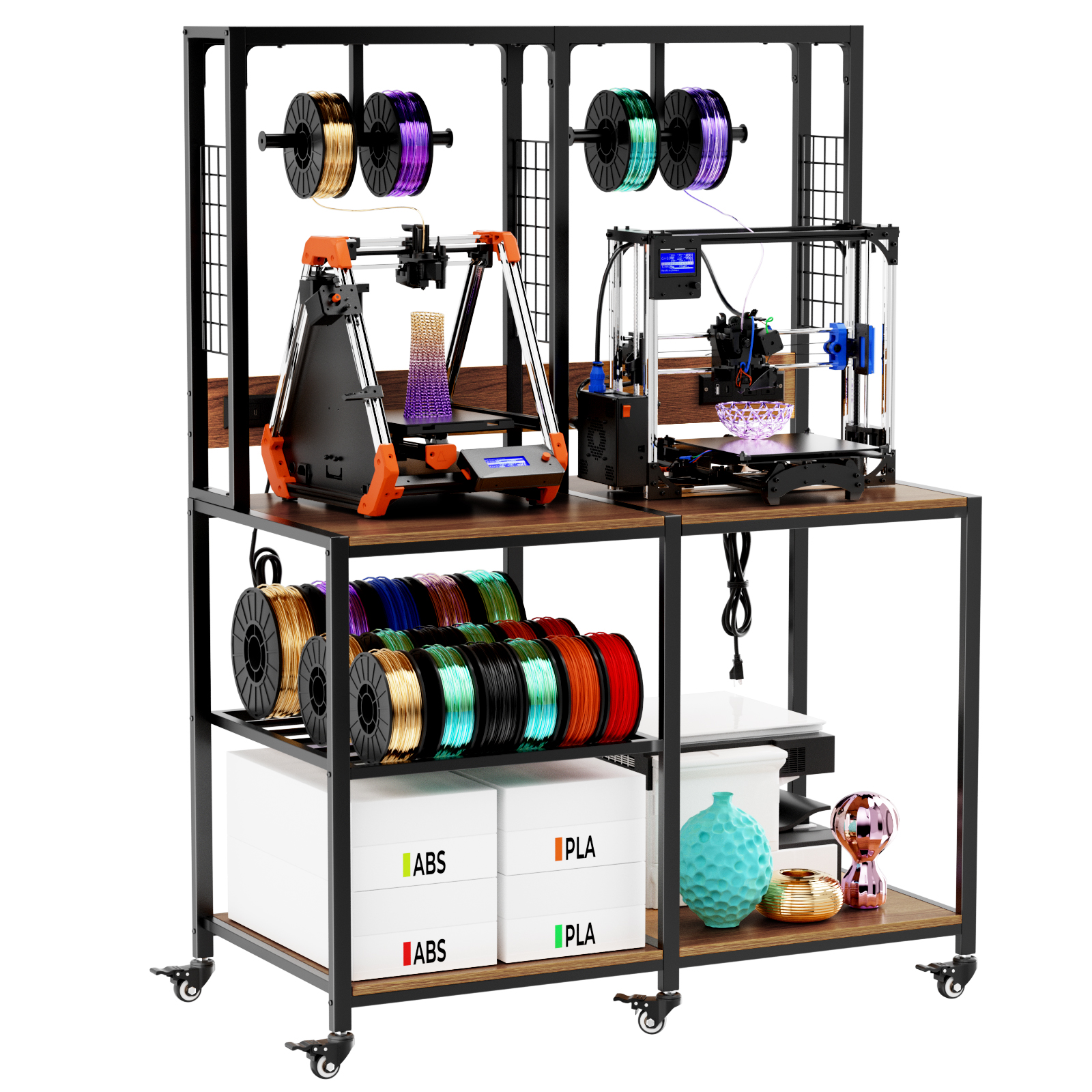 Double 3D Printer Stand With Filament Storage, Heavy-Duty Metal Frame Dual 3D Printer Table Workbench, T-Type Filament Holder, Lockable Wheels, Mobile Or Fixed Printer Rack For Home & Workshop