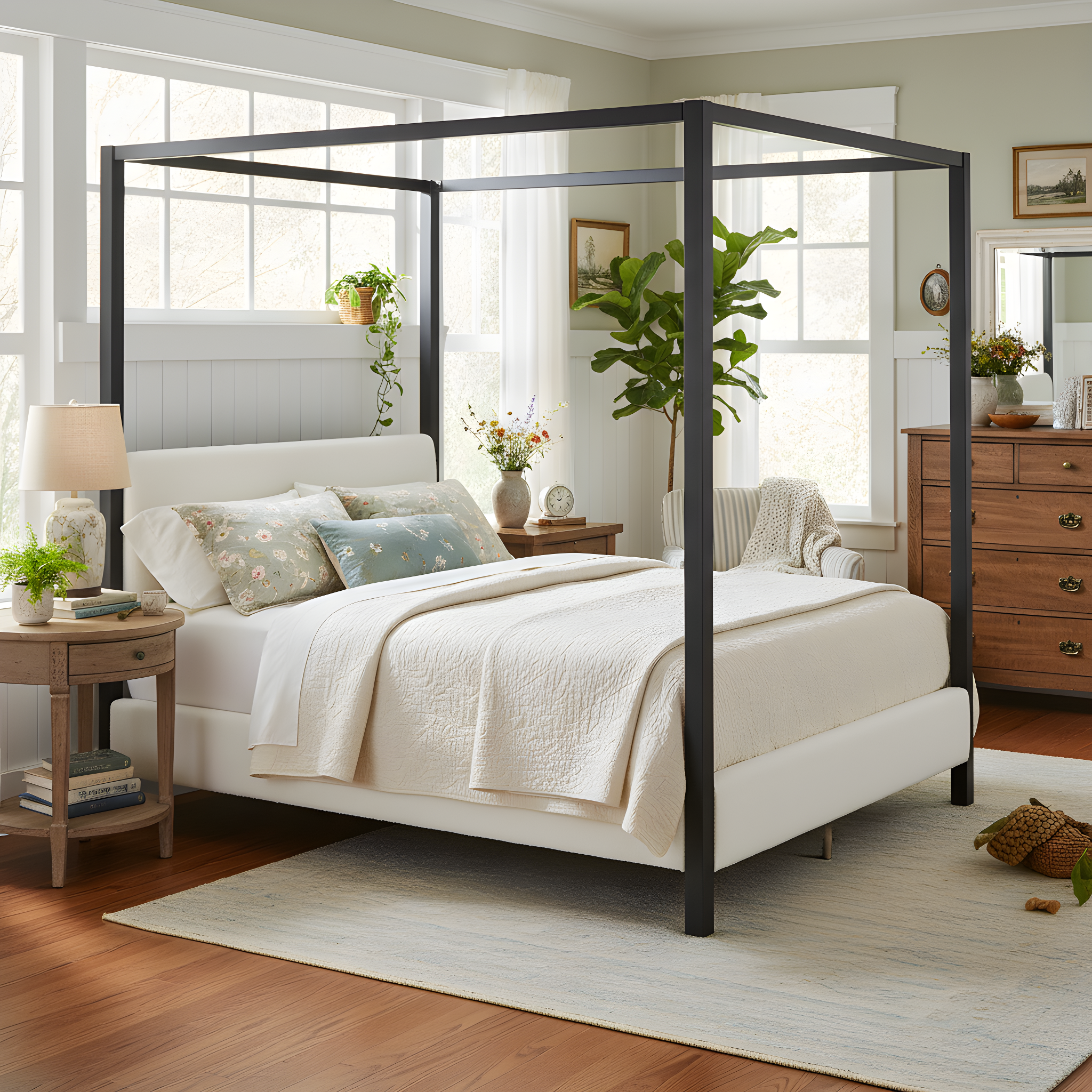 Modern Black Metal Canopy Bed With Plush White Boucle Upholstery, Queen