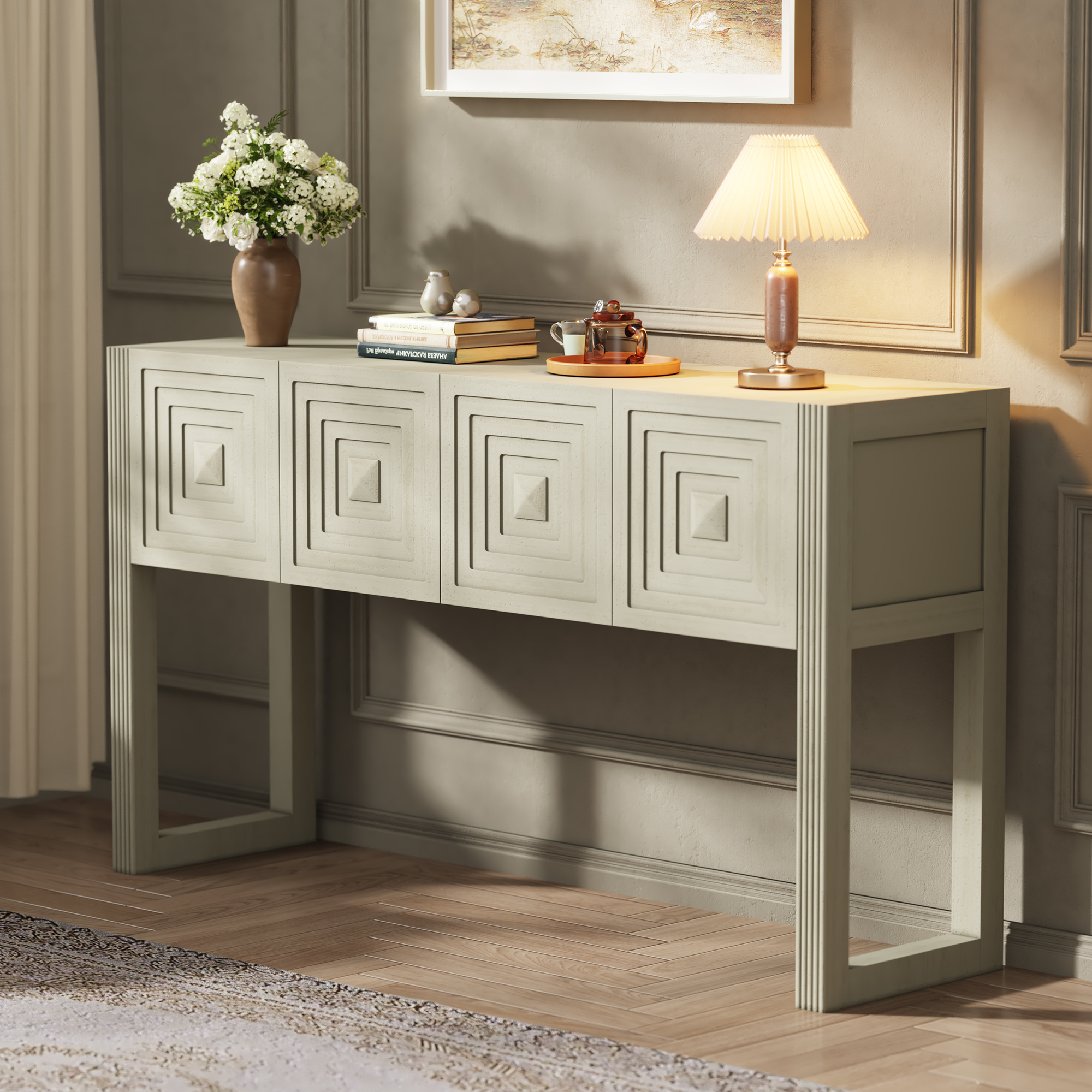 Video Geometric Carved Console Table With 3 Soft-Close Drawers, Fluted Leg Details, Entryway Sofa Table For Living Room Hallway, Natural