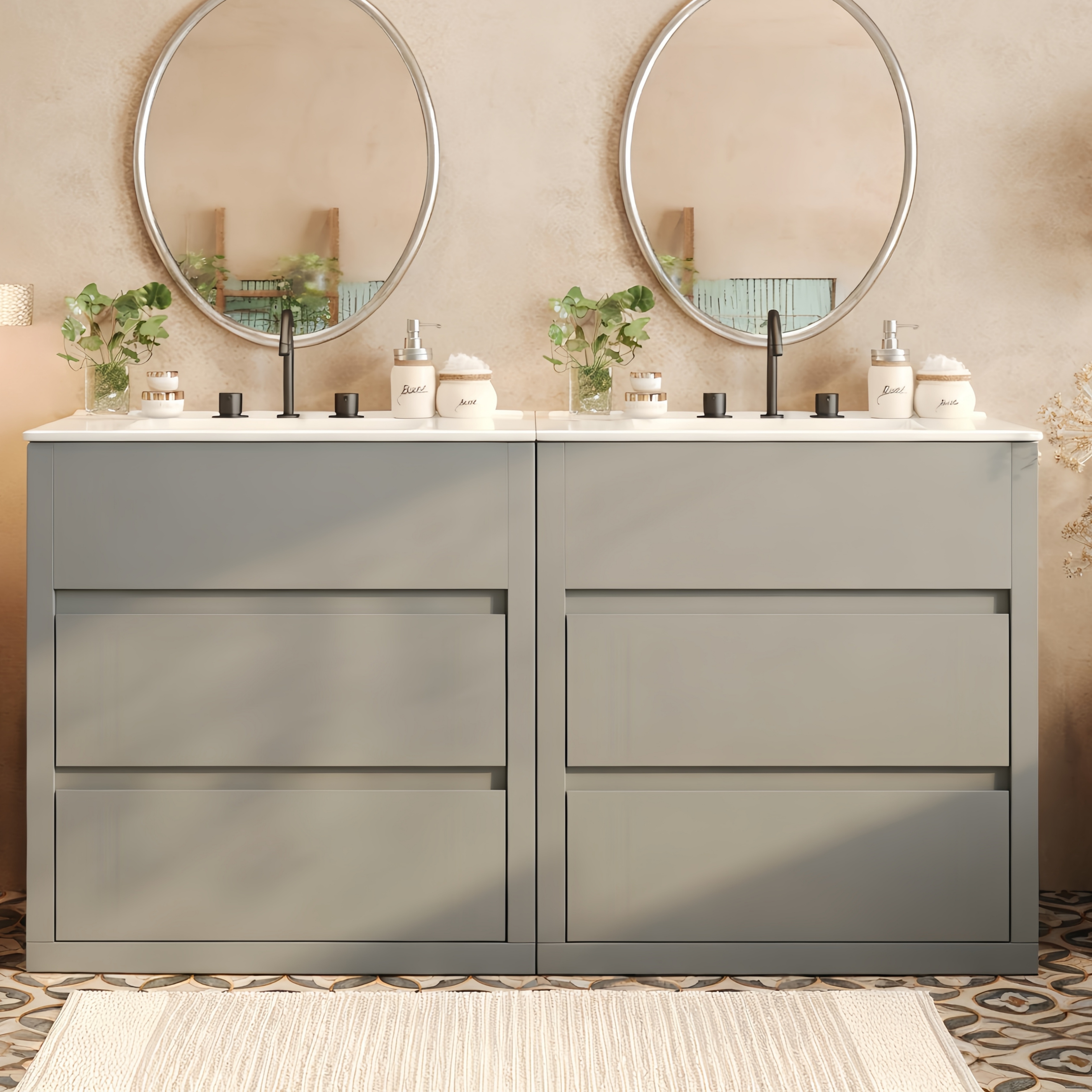 60  Double Sinks Bathroom Vanity Set, Bathroom Cabinet With Two Separate Ceramic Sinks, Full-Extension Drawers & Soft Close Undermount Drawer Slides, Gray