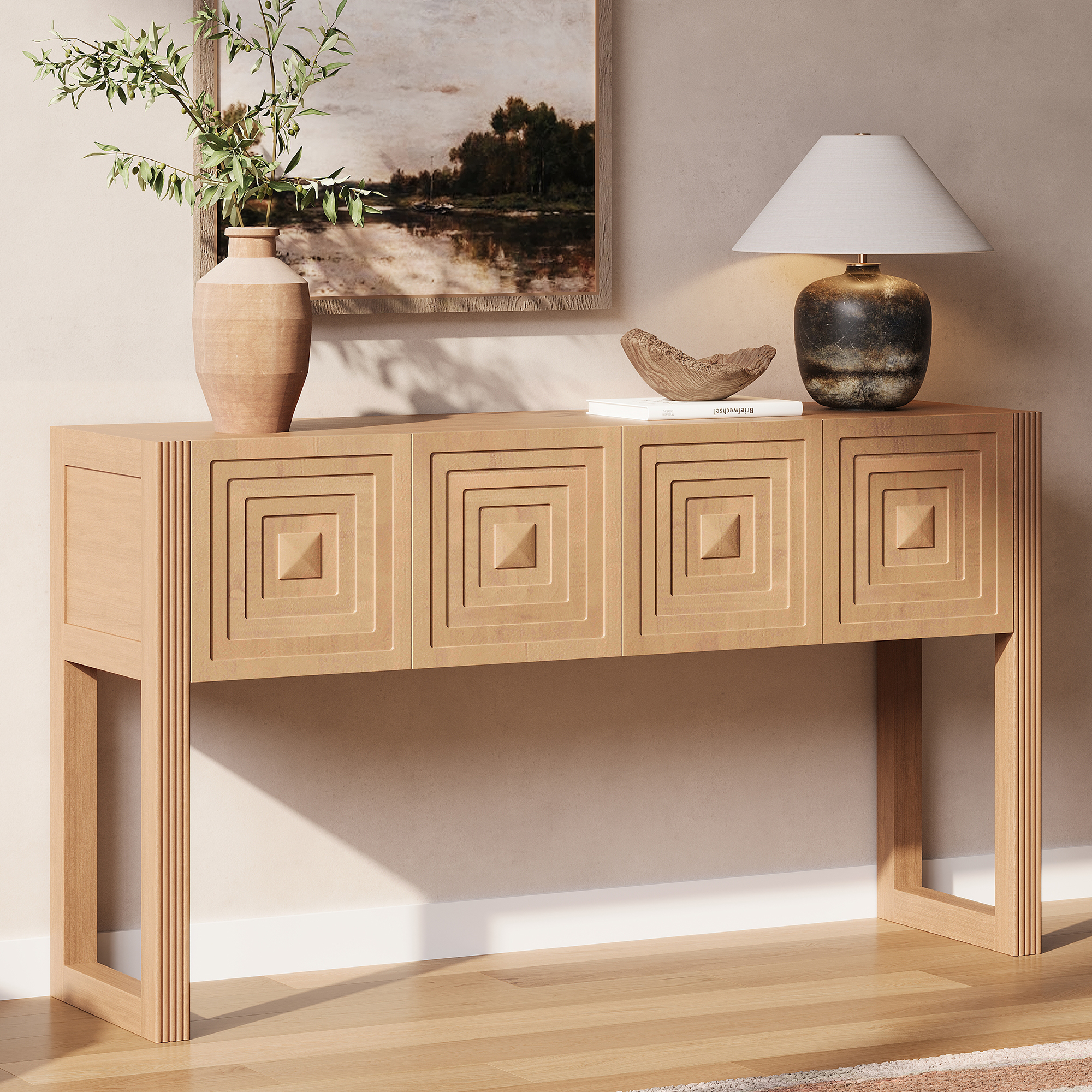 Video  Geometric Carved Console Table With 3 Soft-Close Drawers, Fluted Leg Details, Entryway Sofa Table For Living Room Hallway, Light Brown