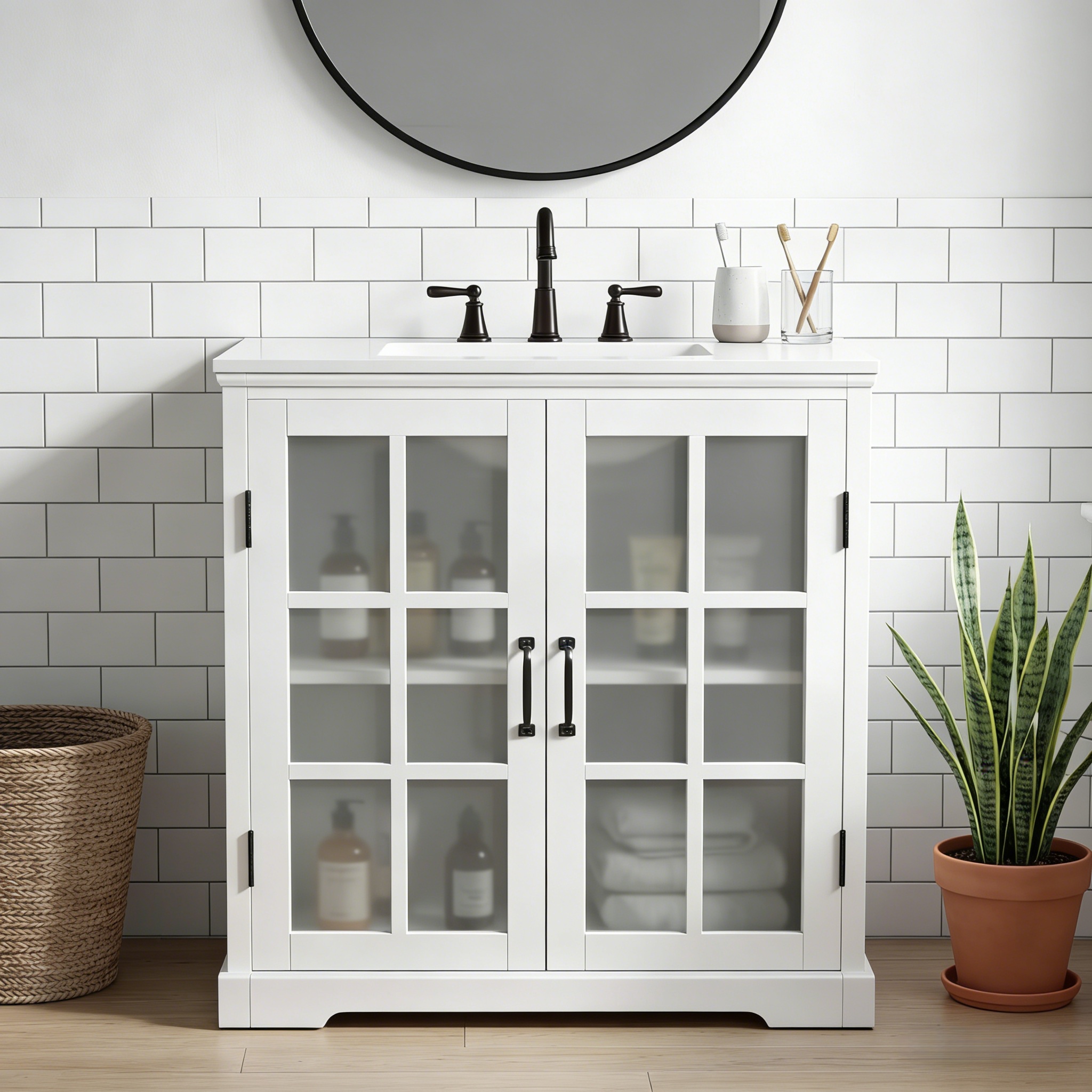 30  Modern Bathroom Vanity With Ceramic Sink, Bathroom Vanity Cabinet With Tempered Blurred Glass And Matte Black Handles, Equipped With Large Storage