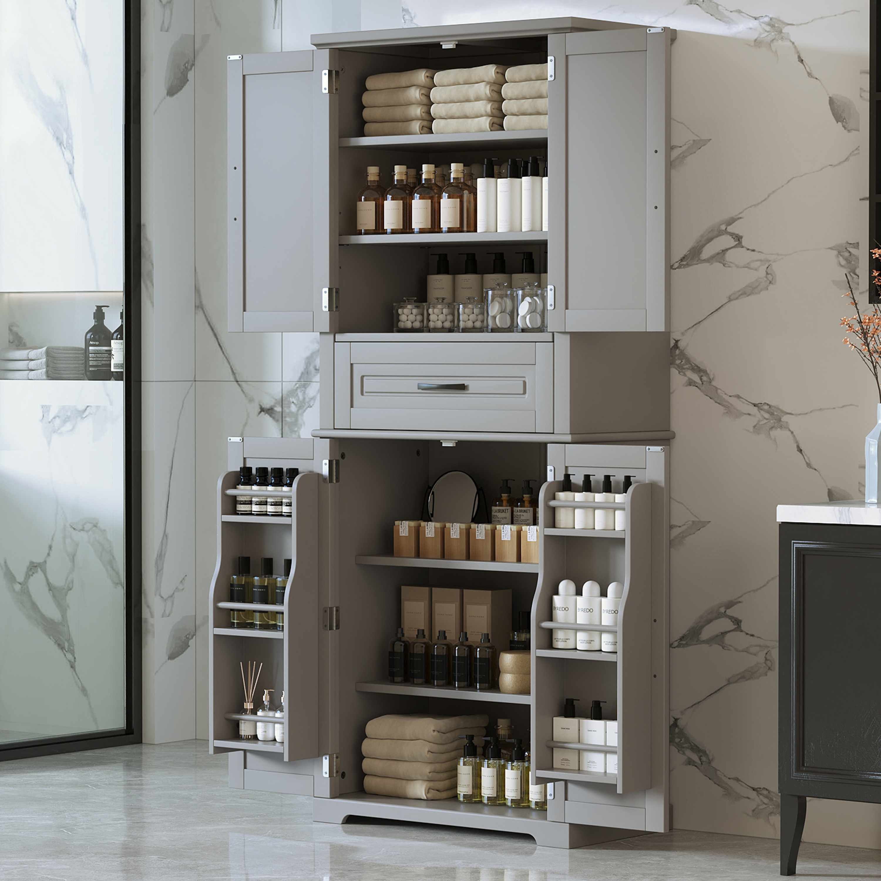 Video  Bathroom Storage Cabinet With Multi-Functional Storage Space, Drawer With Slide Rails, Adjustable Shelf, Grey