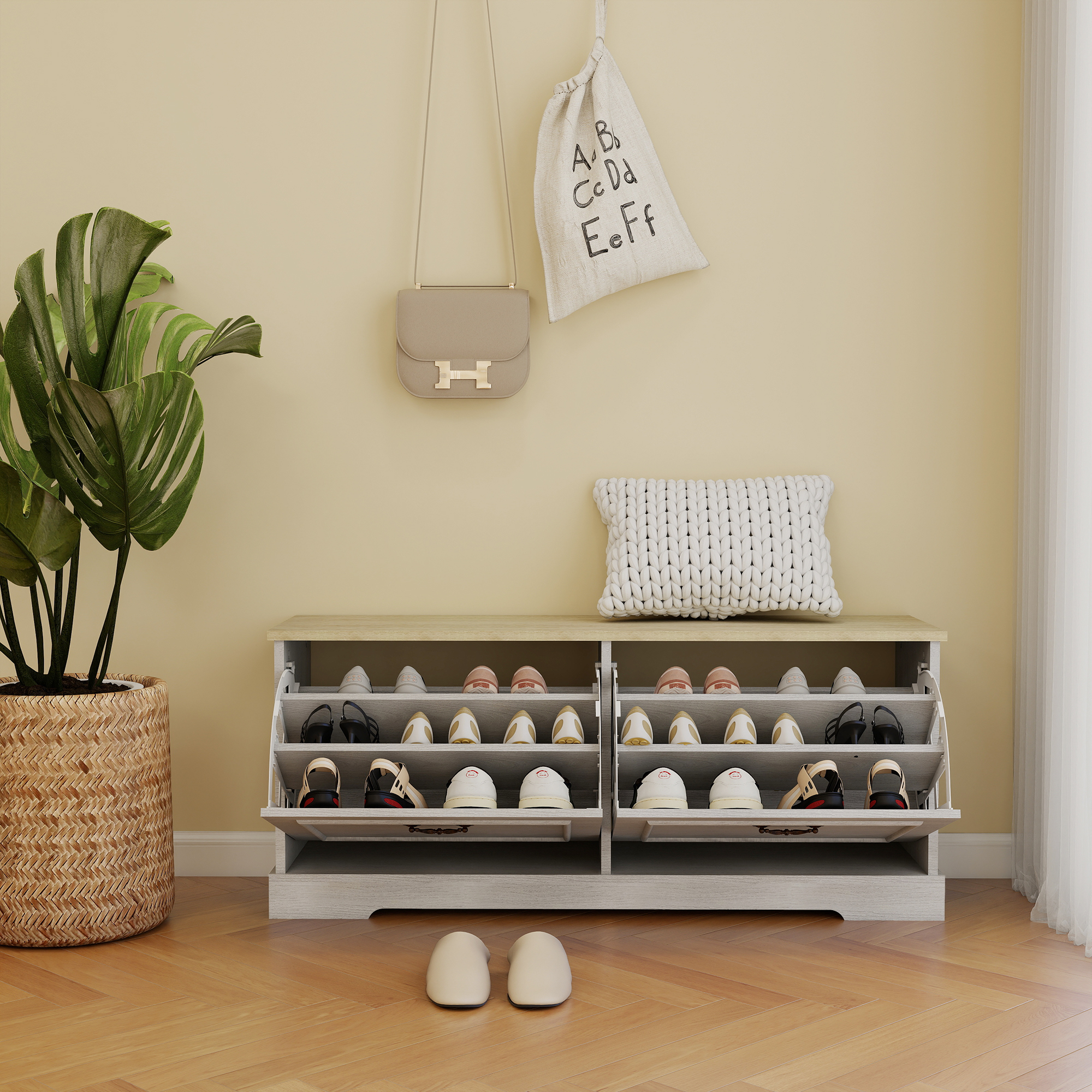 Shoe Storage Bench With 2 Flip Drawers And Adjustable Shelf For Entryway, Hallway, Bedroom-Antique White