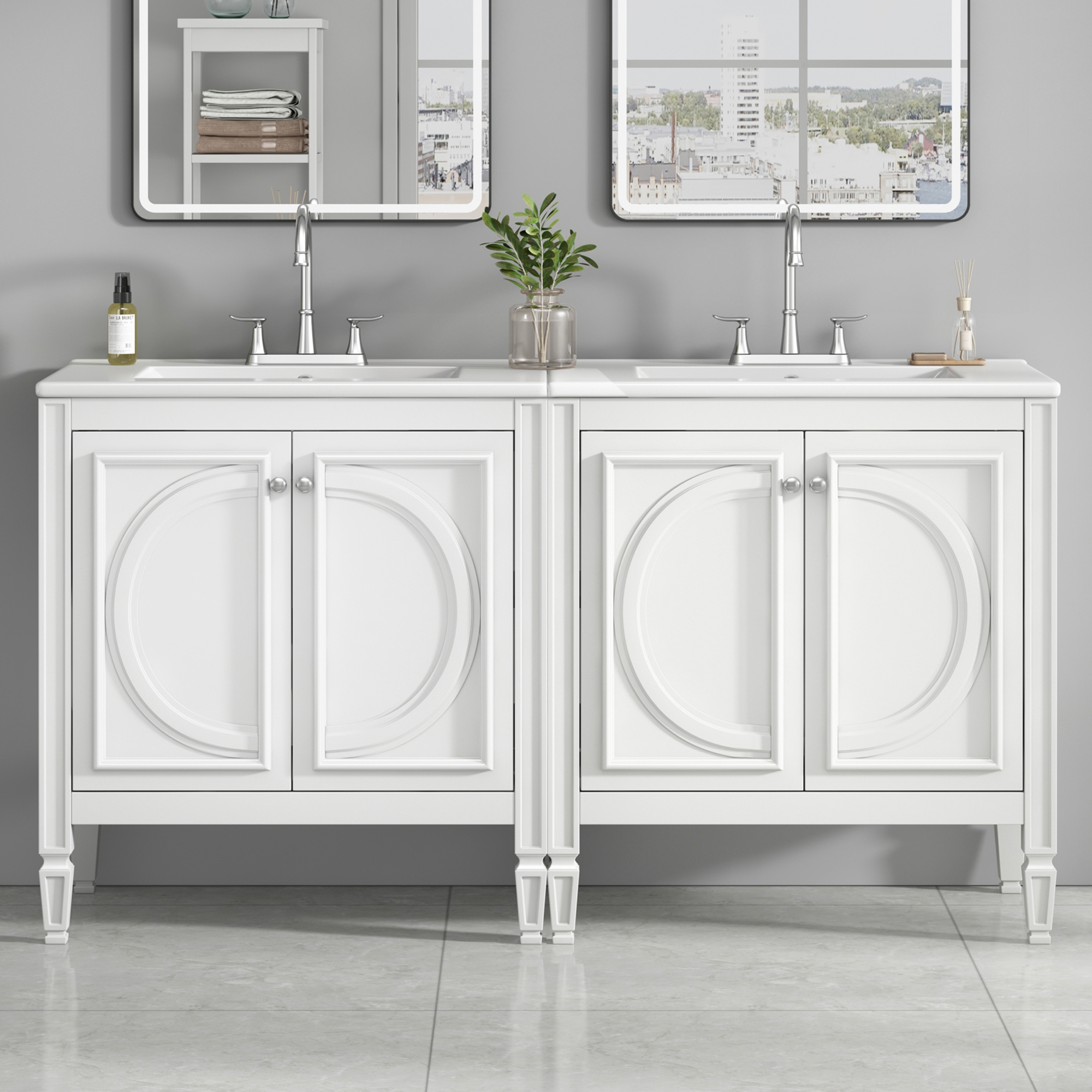 Video  60  Bathroom Vanity With Double Sink Combo Set, Ceramic Sink, Soft Close Doors With Shelf, Storage Drawer, White