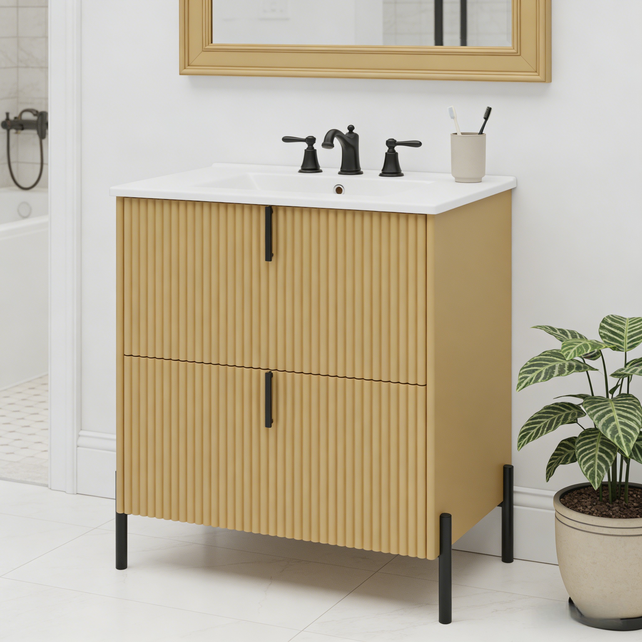 30  Bathroom Vanity With Ceramic Sink, Equipped With Vertical Pulls And Full-Extension Drawers, Freestanding Bathroom Vanity With Soft Close Drawer Slides, Fluted Design, Natural