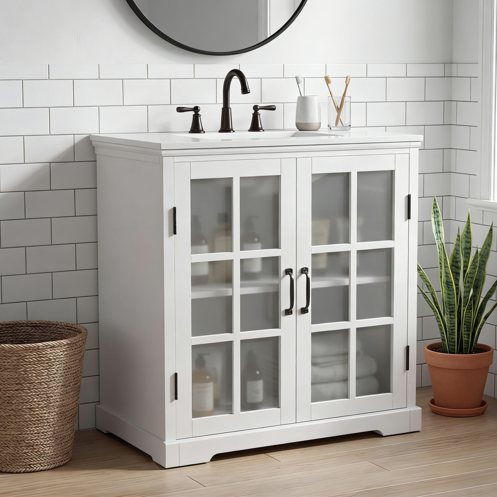 30  Modern Bathroom Vanity With Ceramic Sink, Bathroom Vanity Cabinet With Tempered Blurred Glass And Matte Black Handles, Equipped With Large Storage Space And Rubber Wood Frame, White