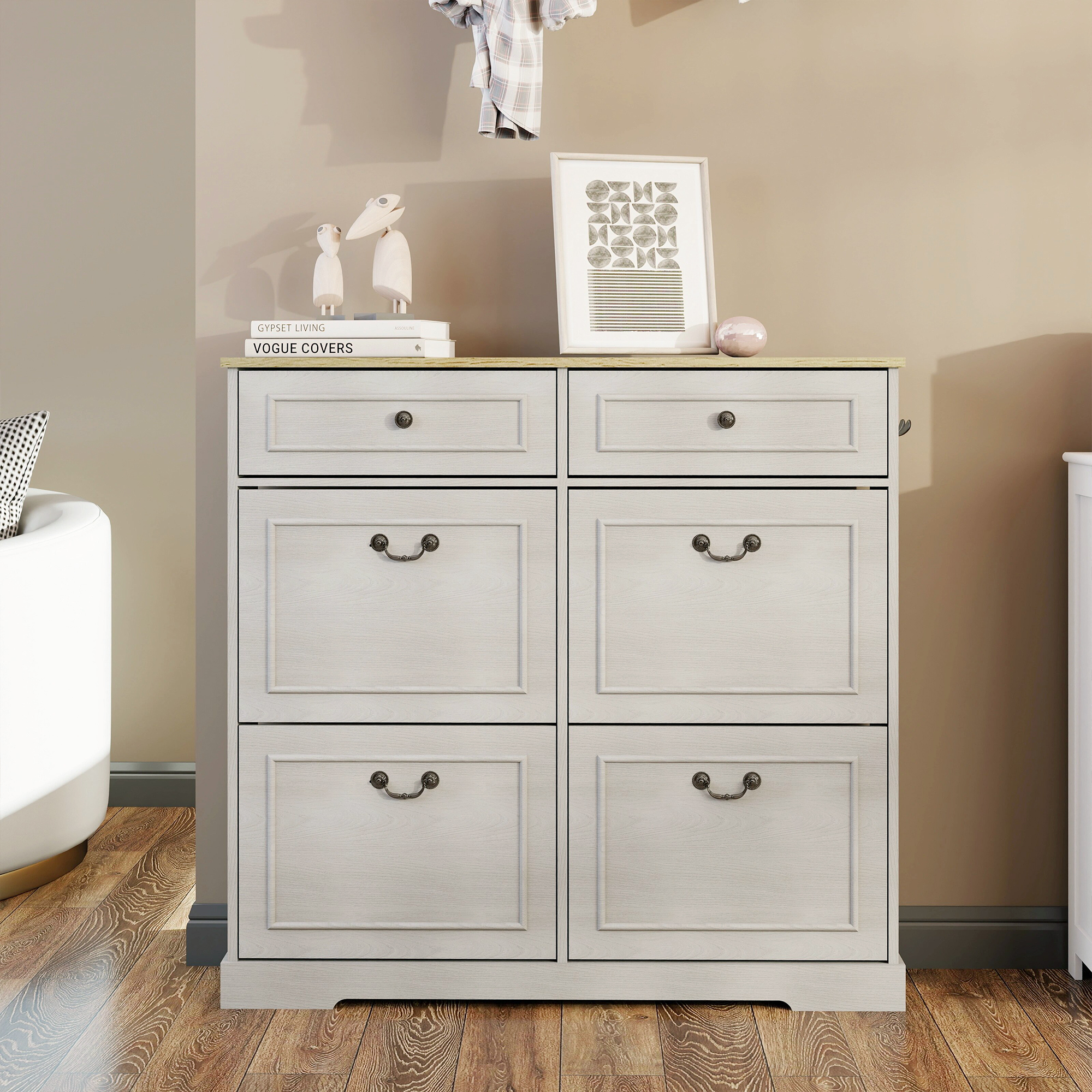 Shoe Storage Cabinet With 2 Drawers, 4 Flip Drawers, Freestanding Shoe Cabinet Organizer With Adjustable Shelf, Shoe Cabinet For Entryway, Foyer, Slim Shoe Cabinet-Antique White