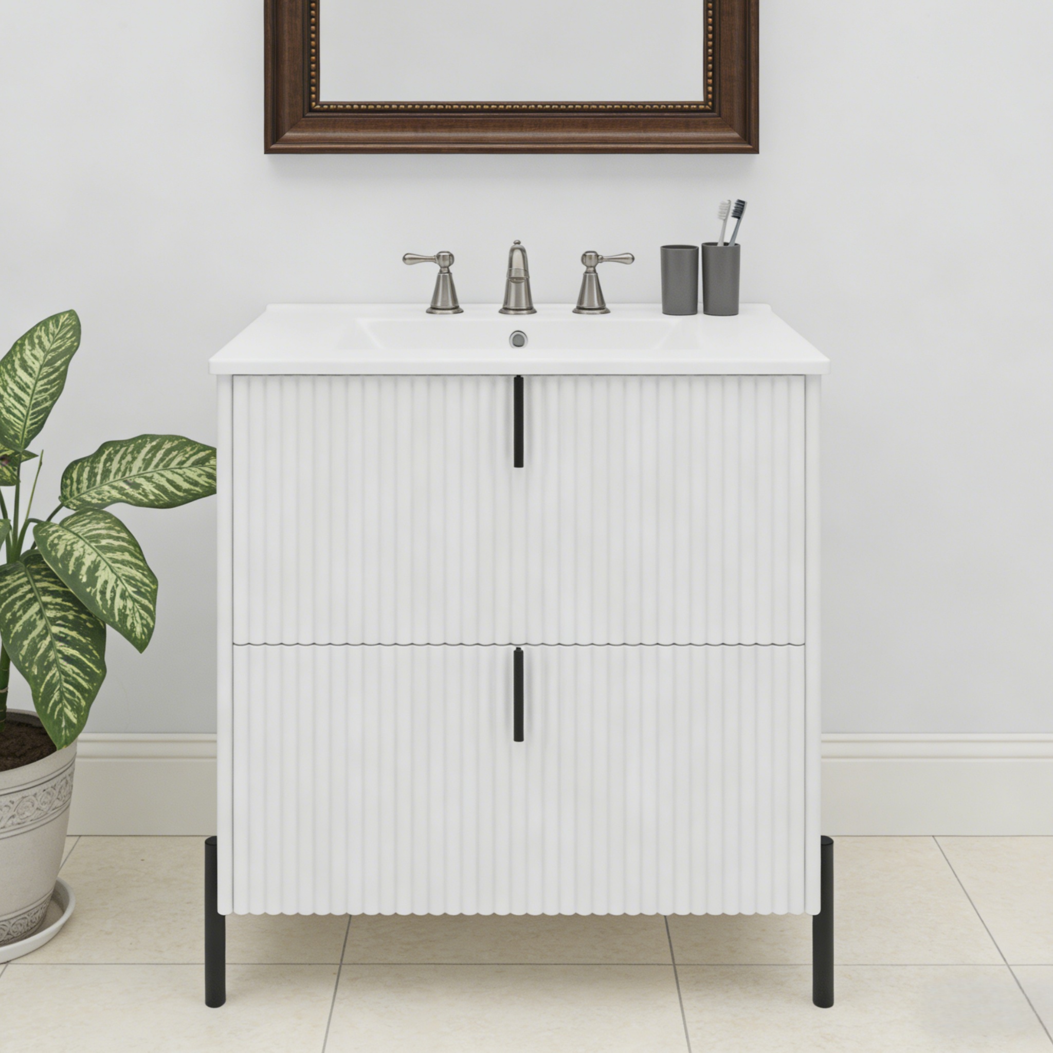 30  Bathroom Vanity With Ceramic Sink, Equipped With Vertical Pulls And Full-Extension Drawers, Freestanding Bathroom Vanity With Soft Close Drawer Slides, Fluted Design, White