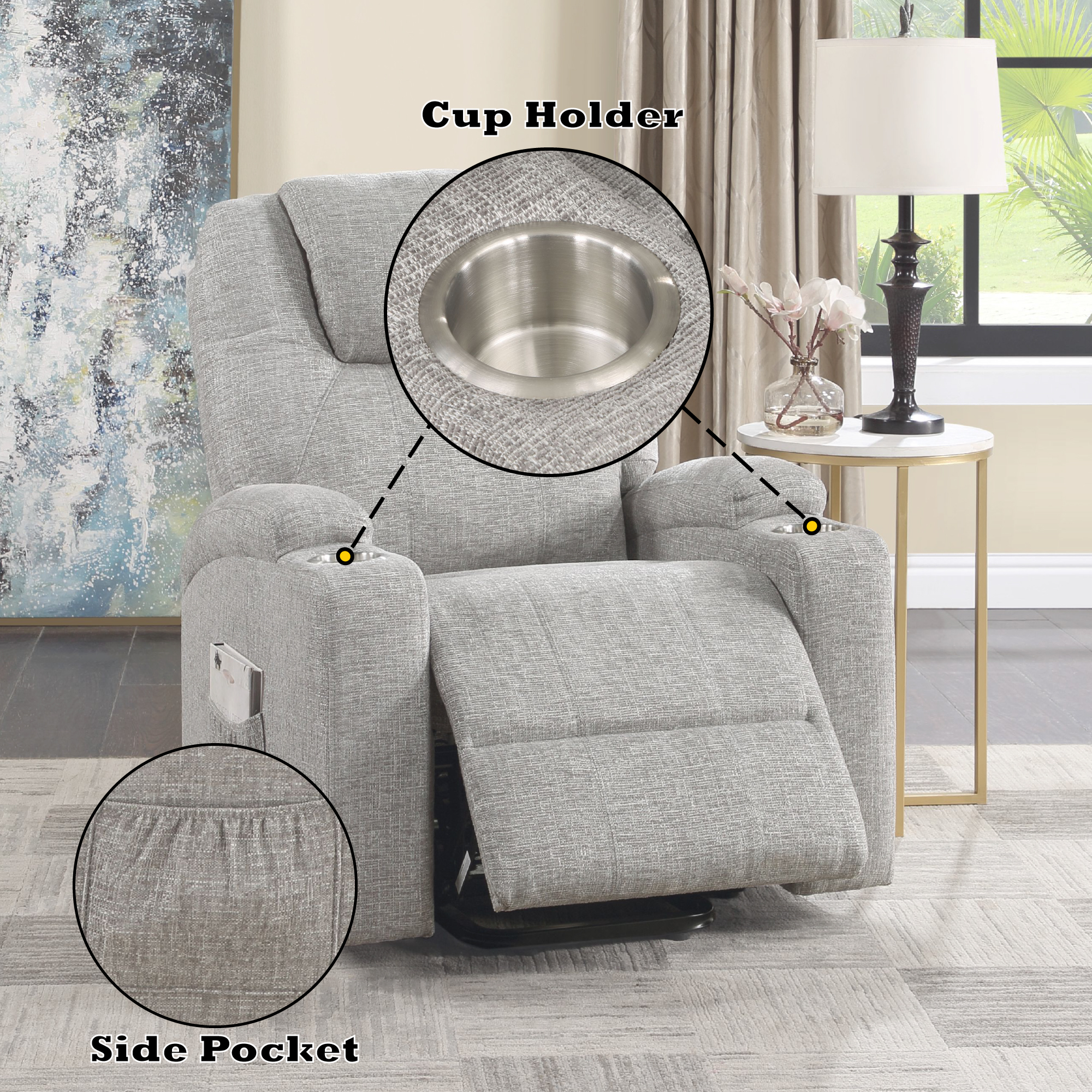 Light Gray Chenille Recliner W Power Lift & Massage β photo 4