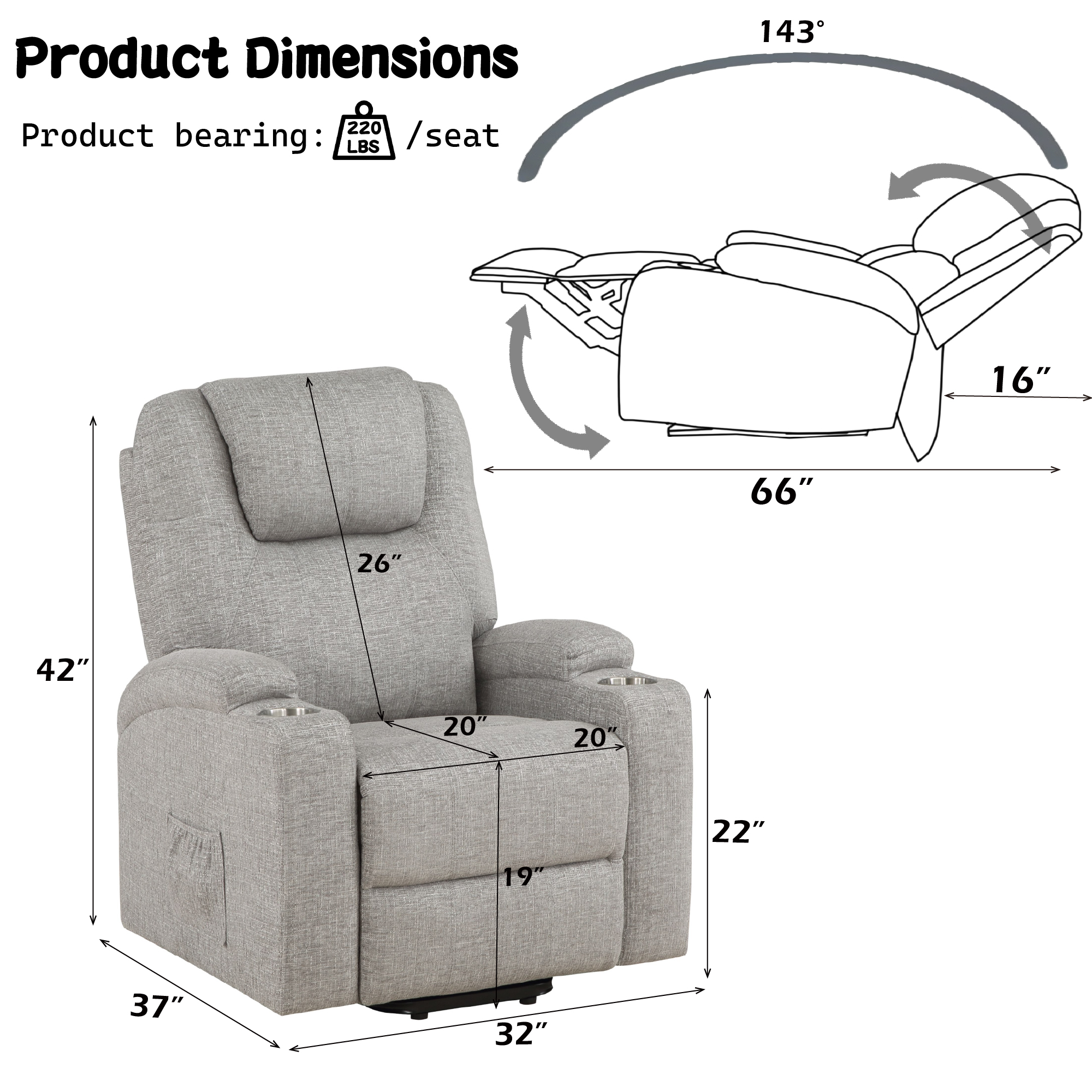 Light Gray Chenille Recliner W Power Lift & Massage β photo 5