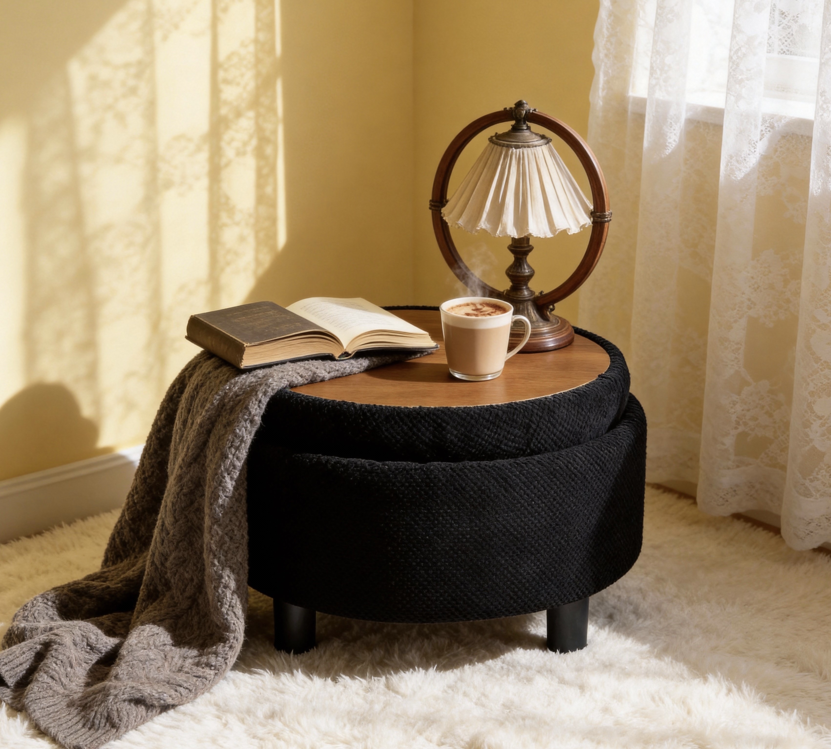 25Inch Round Storage Ottoman With Tray, ModernTufted Fabric Circle Coffee Table With Storage, Upholstered  Ottoman With Removable Top For Living Room, Bedroom,Black